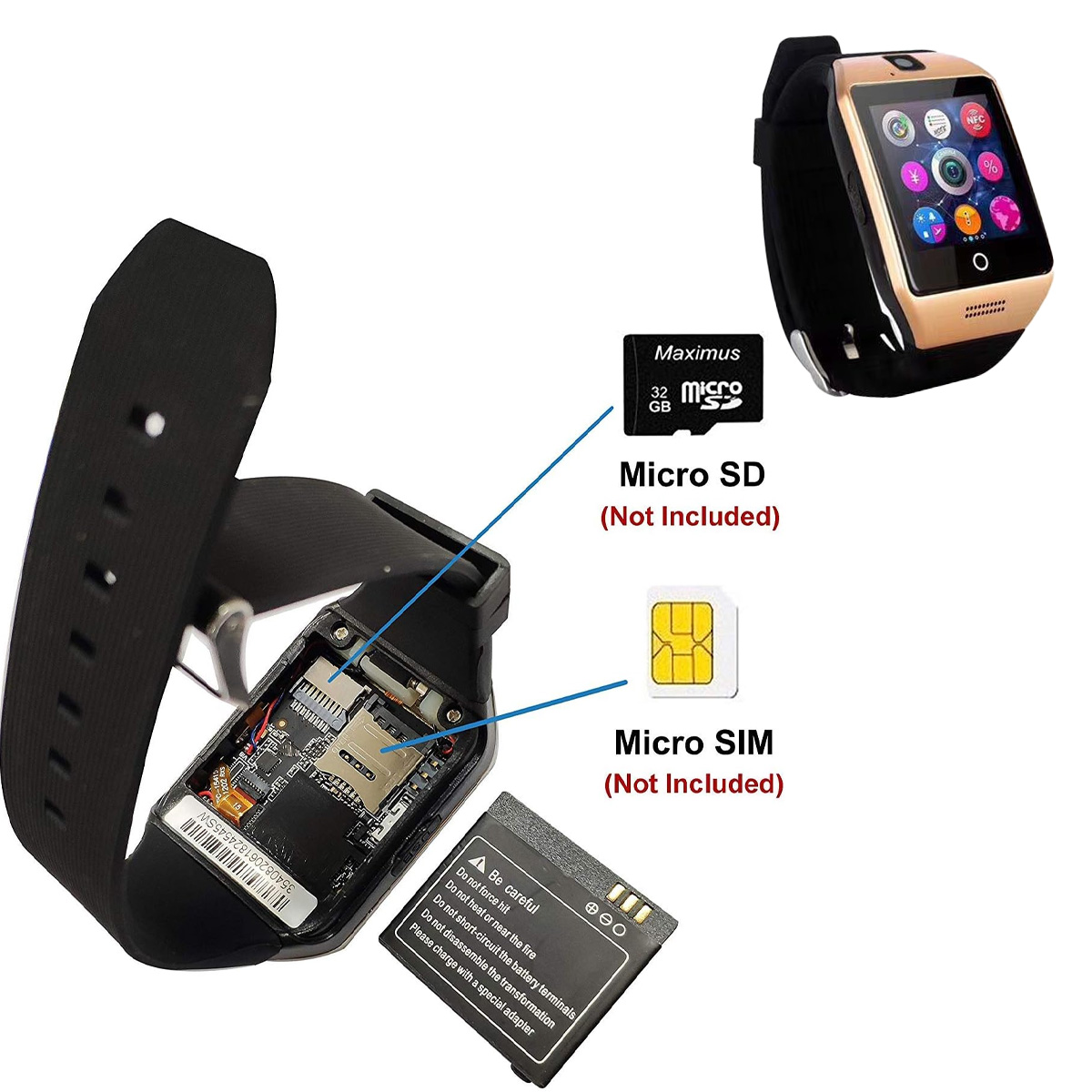 Eine Smartwatch mit goldenem Gehäuse, die ihre Oberfläche anzeigt. Offene Rückseite zeigt Micro SD- und SIM-Steckplätze.