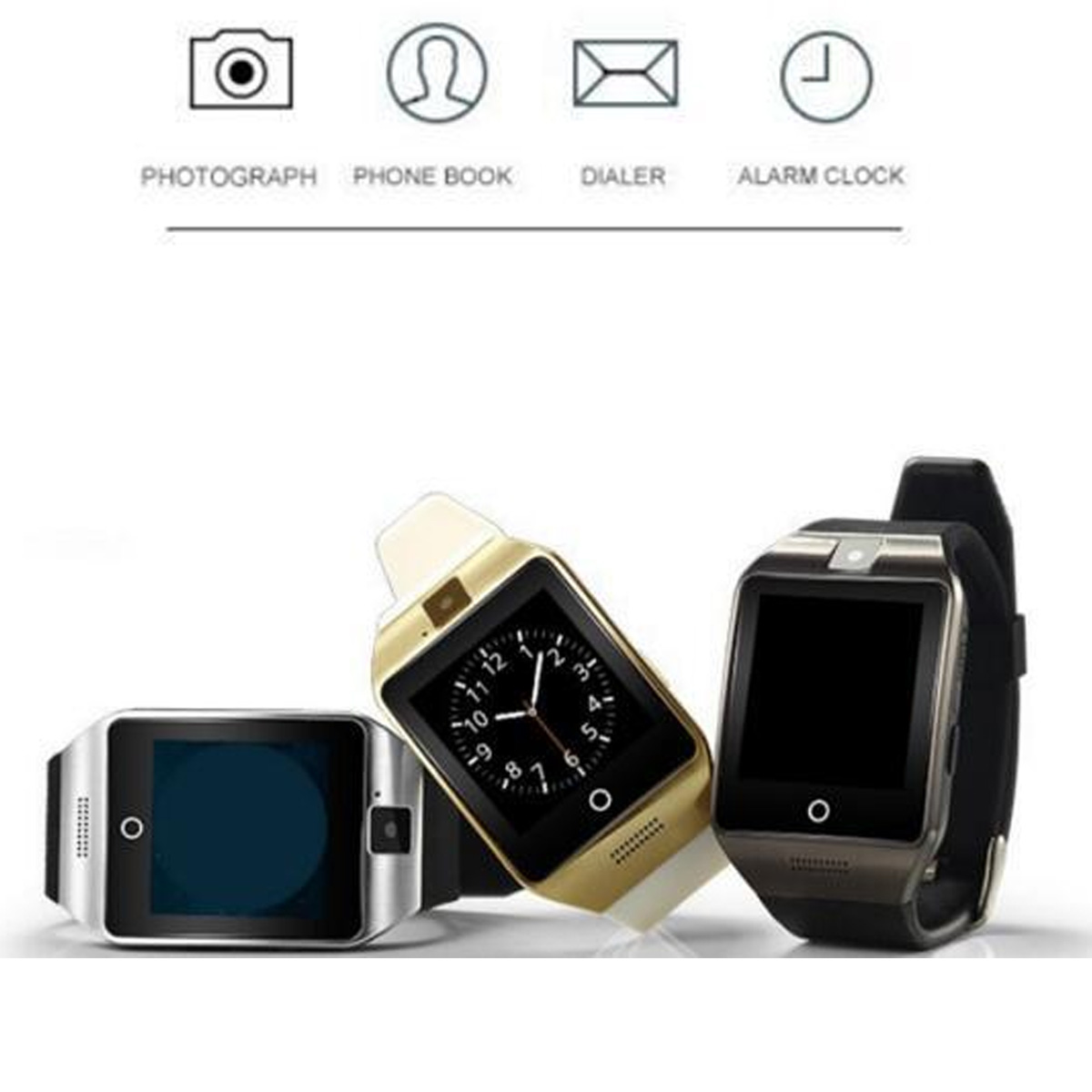 Drei Smartwatches mit Symbolen für Kamera, Telefonbuch, Wählgerät und Alarm.