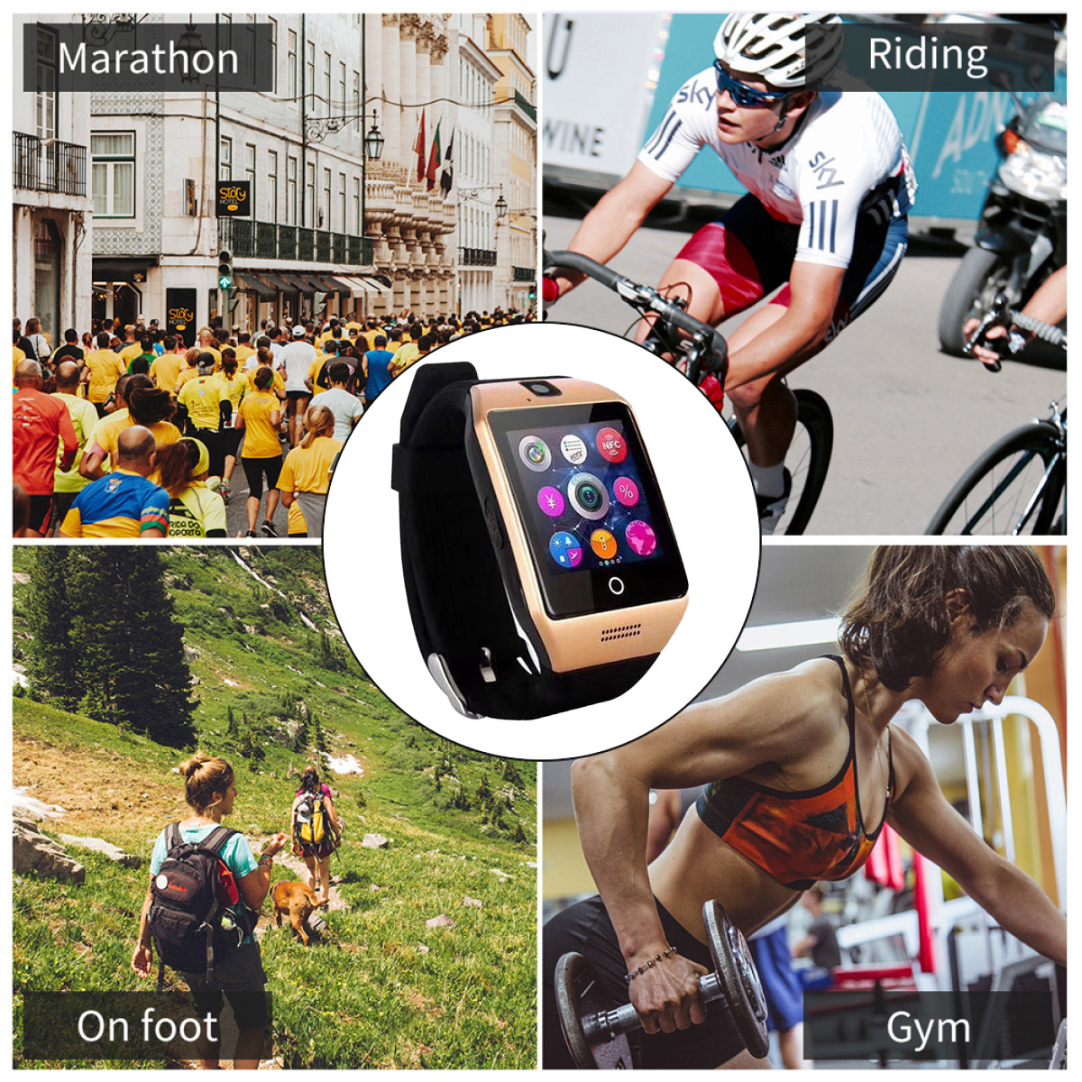 Eine Smartwatch mit vier Aktivitäten: Marathon, Radfahren, zu Fuß und Fitnessstudio. Die Uhr hat eine goldene Farbe.