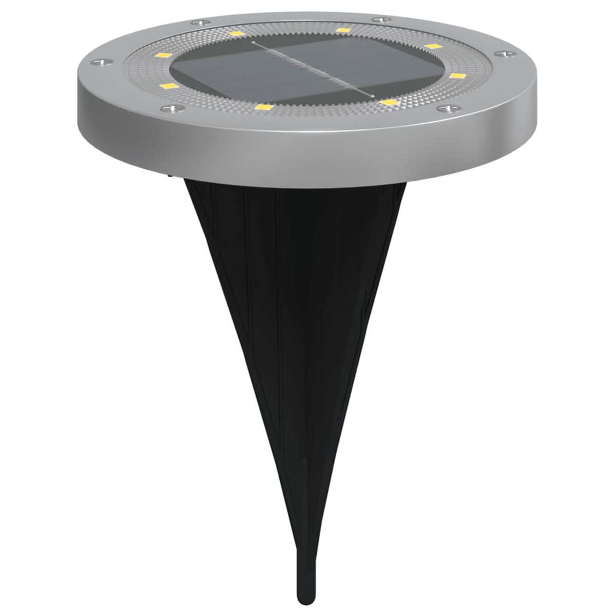 Ein silbernes Solar-Gartenlicht mit einem schwarzen Pfahl. Das Licht hat ein kreisförmiges Design.