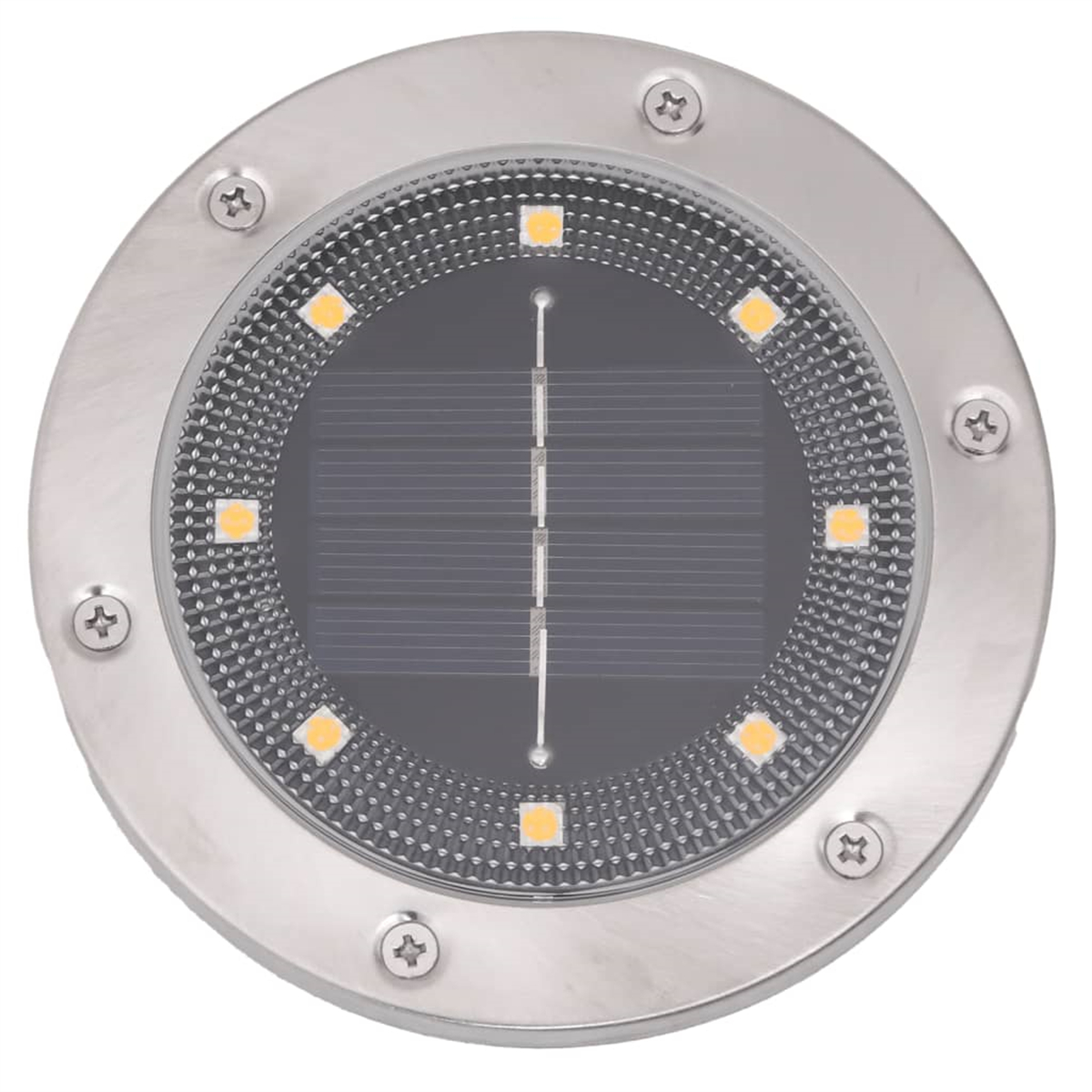Runde, silberne Solar-Außenleuchte mit acht kleinen gelben Lichtern.