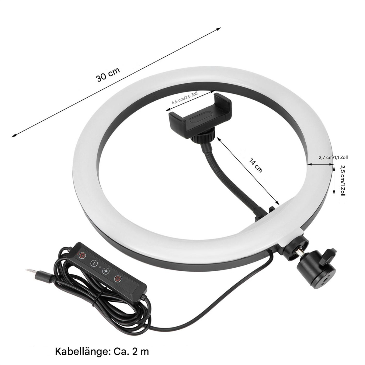 Ein Ringlicht mit Telefonhalter, schwarzem Kabel und Abmessungen in cm und Zoll.
