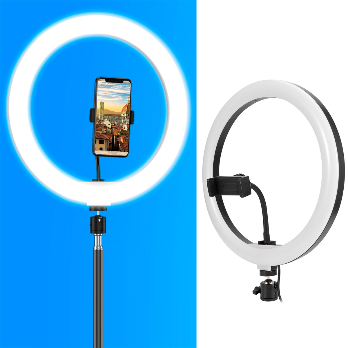 Ringlicht mit Telefonhalterung. Zweites Bild zeigt Licht und Halterung.