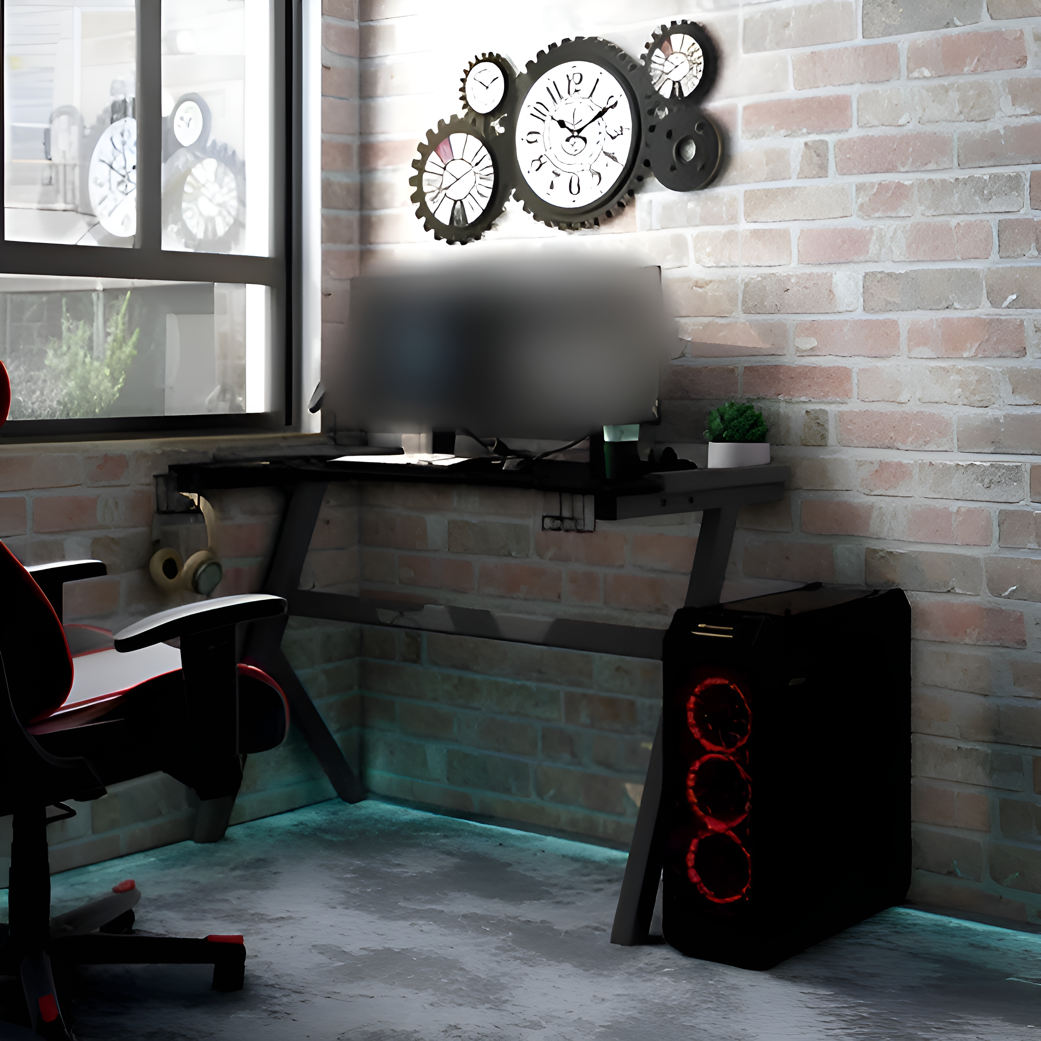 Gaming-Setup mit Schreibtisch, Stuhl, PC und Uhr an einer Ziegelmauer. Der Raum ist schwach beleuchtet.
