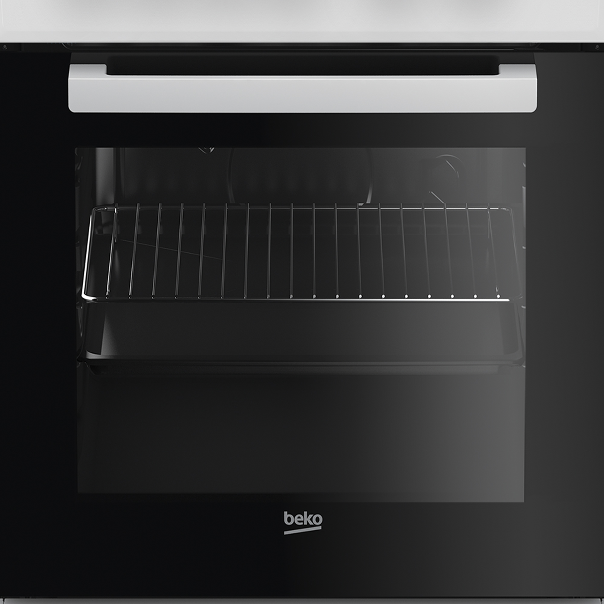 Schwarzer Backofeninnenraum, mit einem Metallrost und hellem Licht von innen.