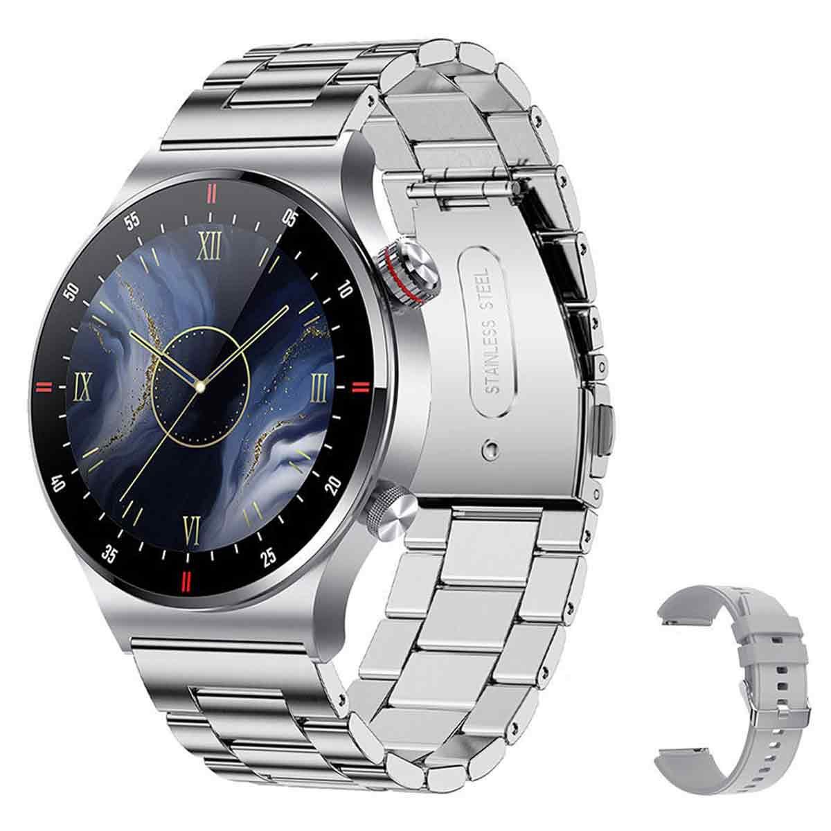 Silberne Smartwatch mit Edelstahlarmband. Ein Ersatzband liegt daneben.