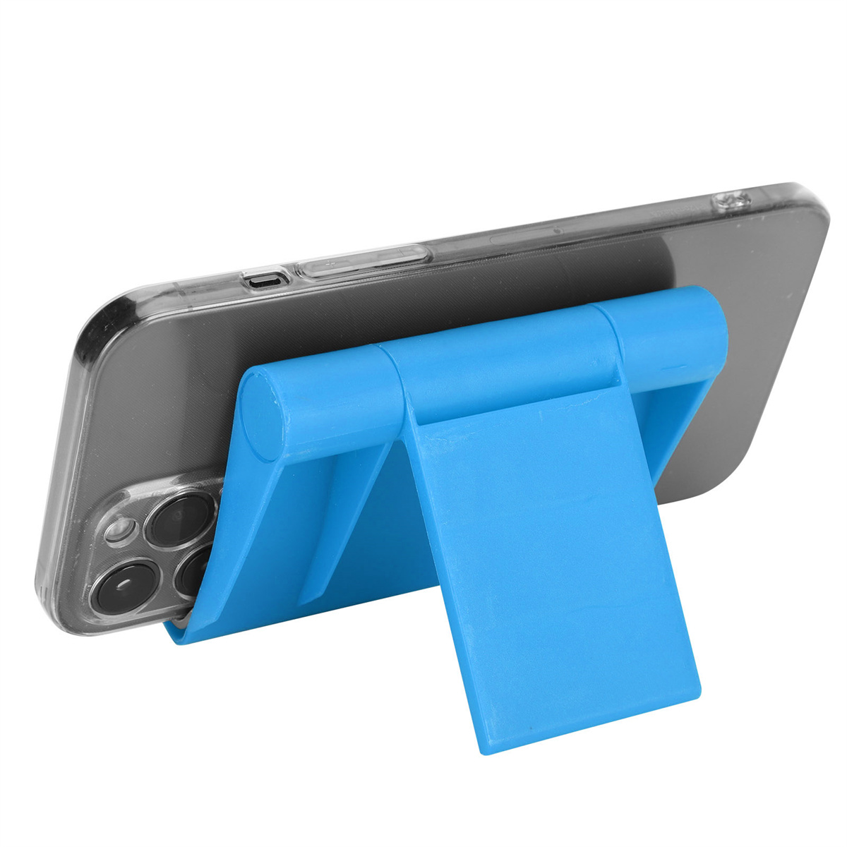 Ein blauer Telefonständer, der ein transparentes Telefon hält und zum Betrachten abgewinkelt ist.