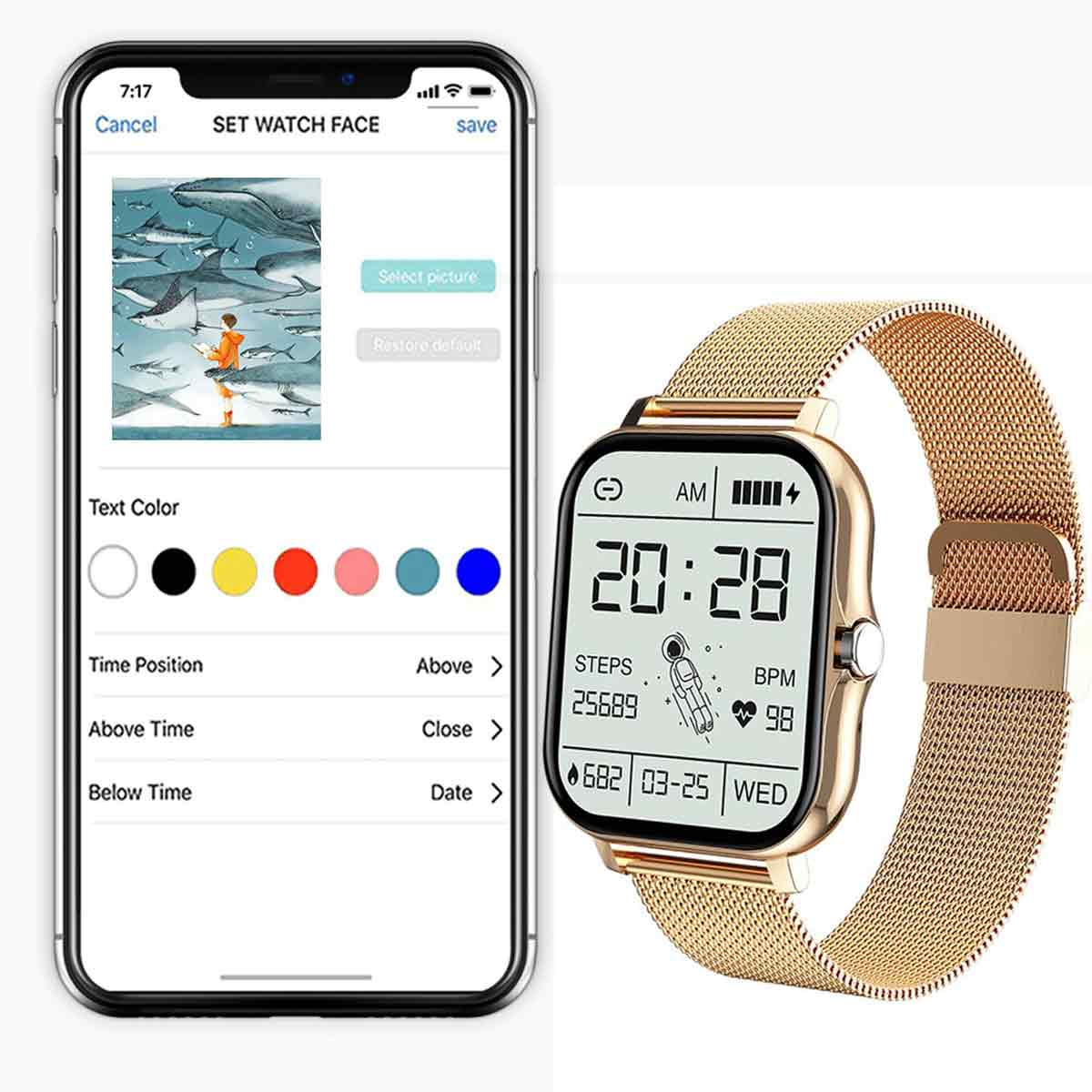 Smartwatch mit App-Oberfläche auf dem Telefon. Uhr hat goldenes Band, zeigt Zeit, Schritte und Herzfrequenz.
