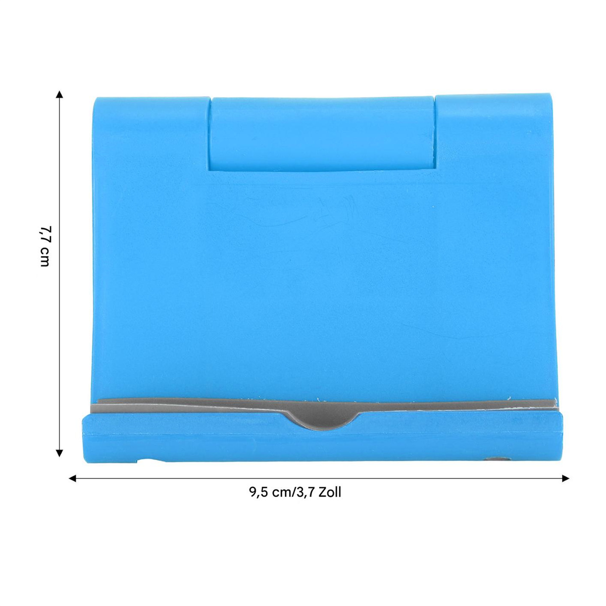 Blauer Telefonständer mit Maßen, 7,7 cm Höhe und 9,5 cm Breite, mit Beschriftungen.