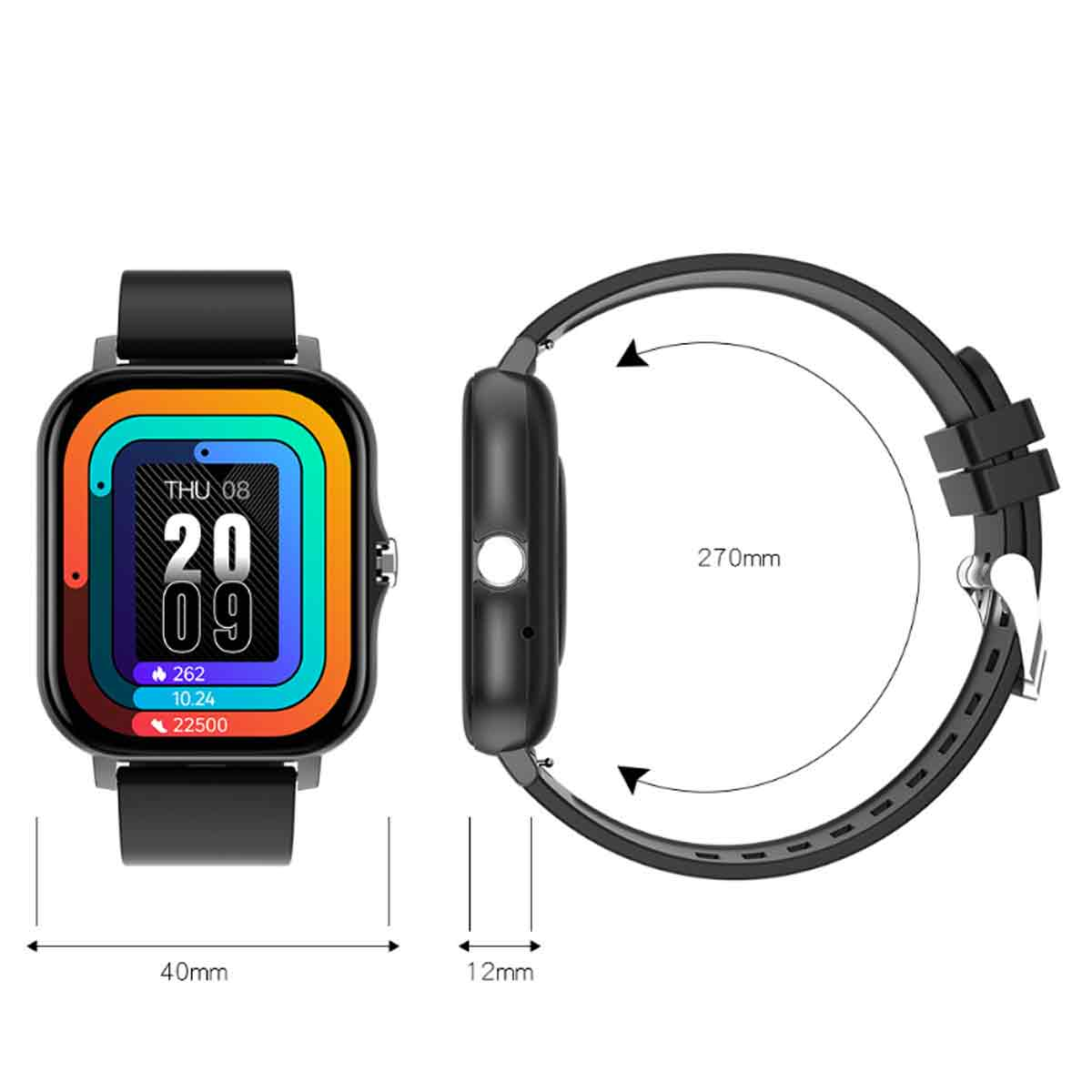 Schwarze Smartwatch mit farbenfrohem Bildschirm. Die Uhr zeigt die Zeit und hat ein schwarzes Armband.