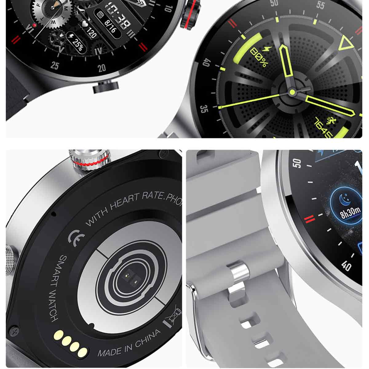 Mehrere Bilder einer Smartwatch. Die Uhr zeigt verschiedene Bildschirme und die Rückseite der Uhr.