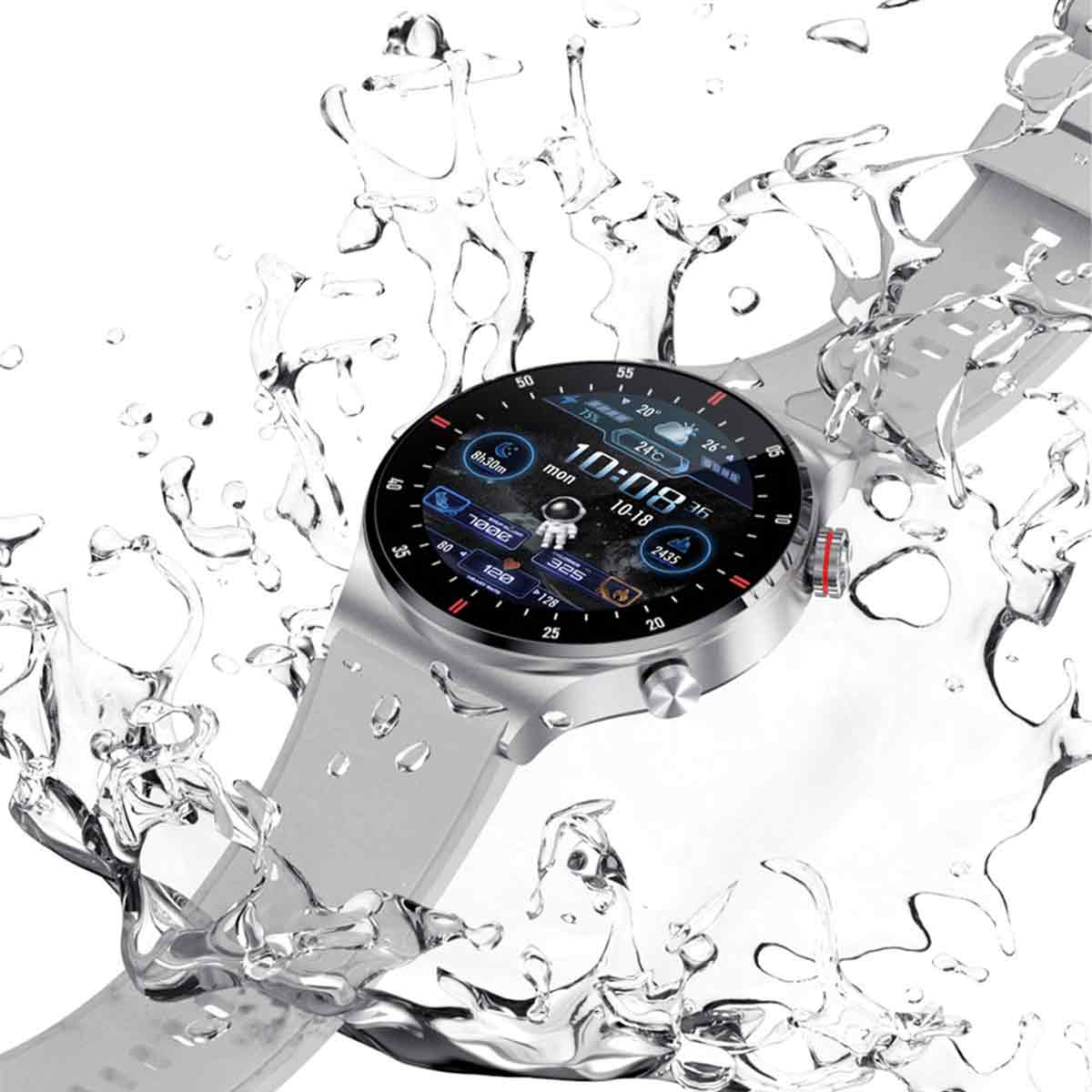 Smartwatch im Wasser mit Tropfen drumherum. Zeigt Zeit und andere Metriken.