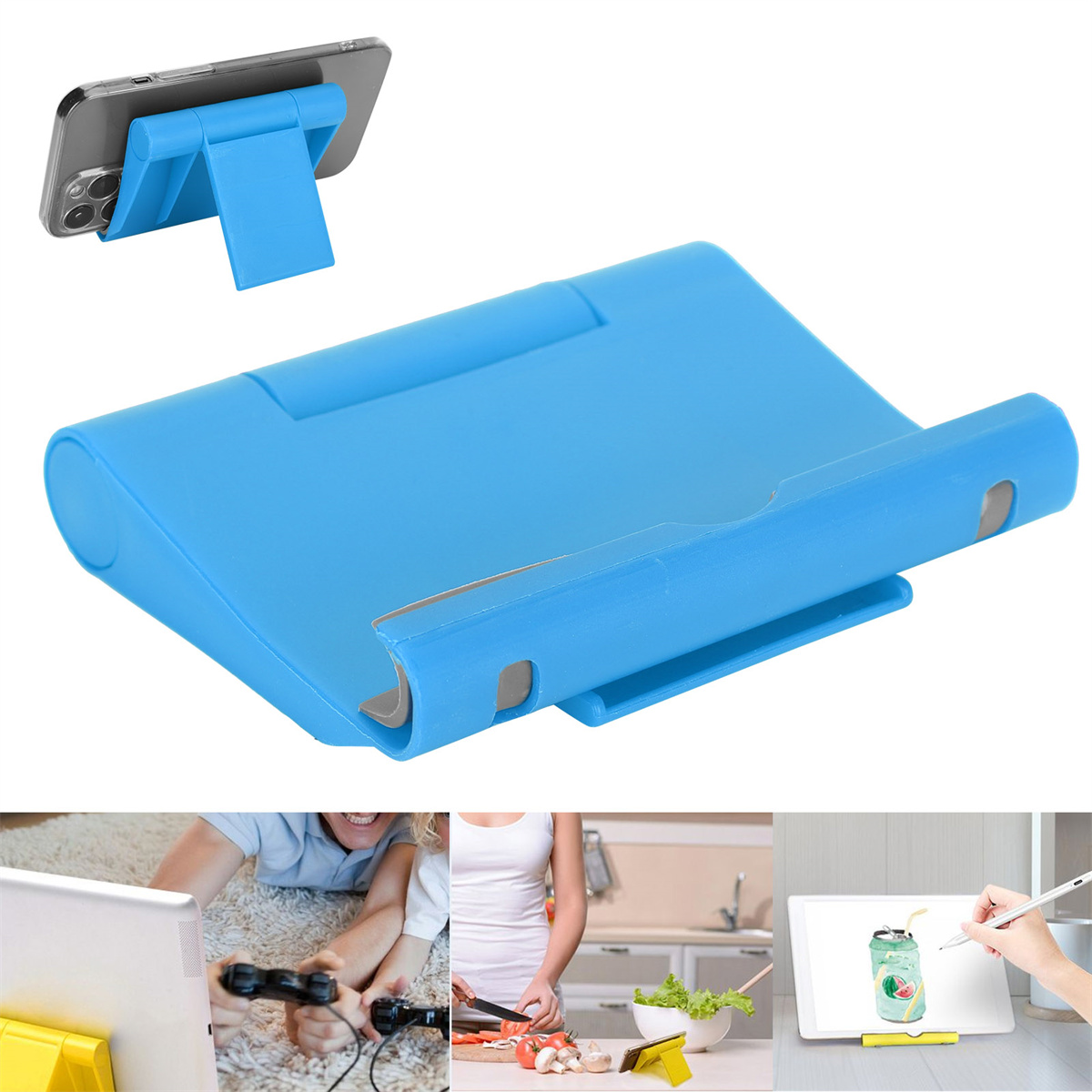 Blauer Telefonständer mit Telefon. Drei Bilder: Telefon mit Tablet, Kochen, Zeichnen.