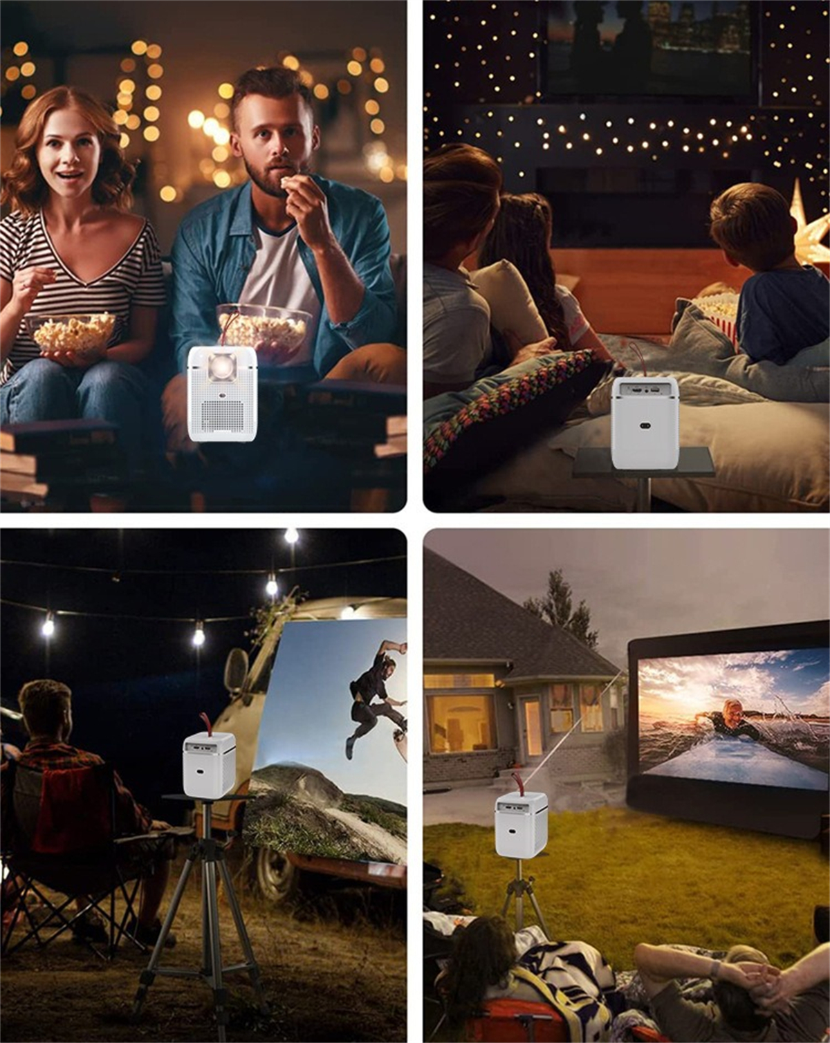 Vier Szenen, die einen Projektor in Gebrauch zeigen. Menschen schauen drinnen und draußen Filme. Sie essen Popcorn.