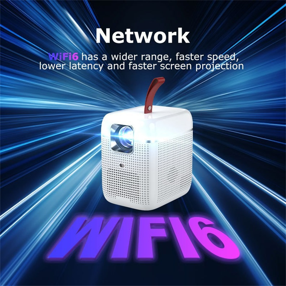 Weißer Projektor mit rotem Griff. Text: Netzwerk, WiFi6, größere Reichweite, schnellere Geschwindigkeit, geringere Latenz und schnellere Projektion.