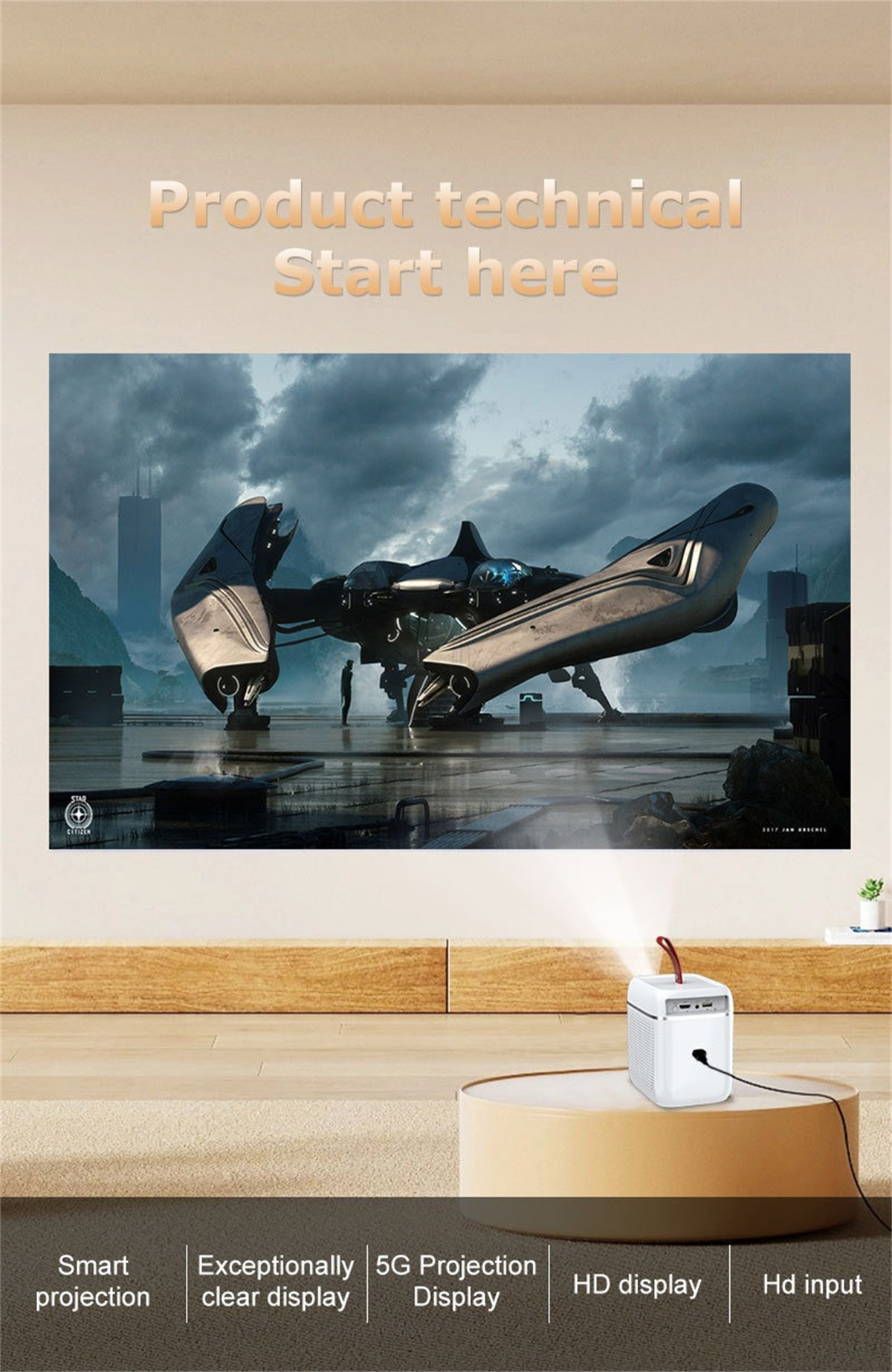 Ein Projektor projiziert ein Bild eines Science-Fiction-Raumschiffs. Darunter stehen die Worte: Smart Projection, klare Anzeige, 5G-Anzeige, HD-Anzeige, HD-Eingang.