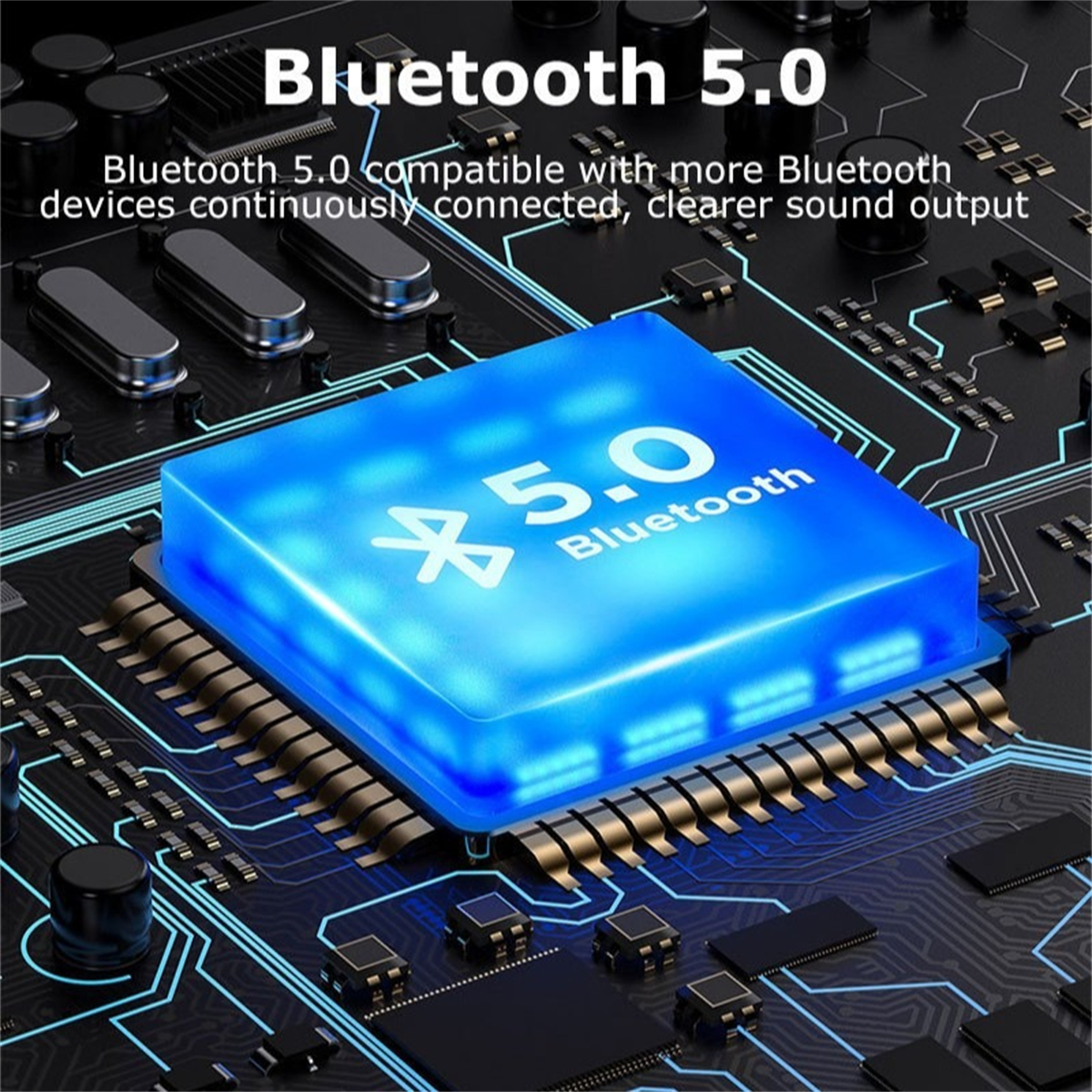 Ein blauer Bluetooth 5.0-Chip befindet sich auf einer Leiterplatte. Text sagt Bluetooth 5.0, kompatibel mit mehr Bluetooth-Geräten.