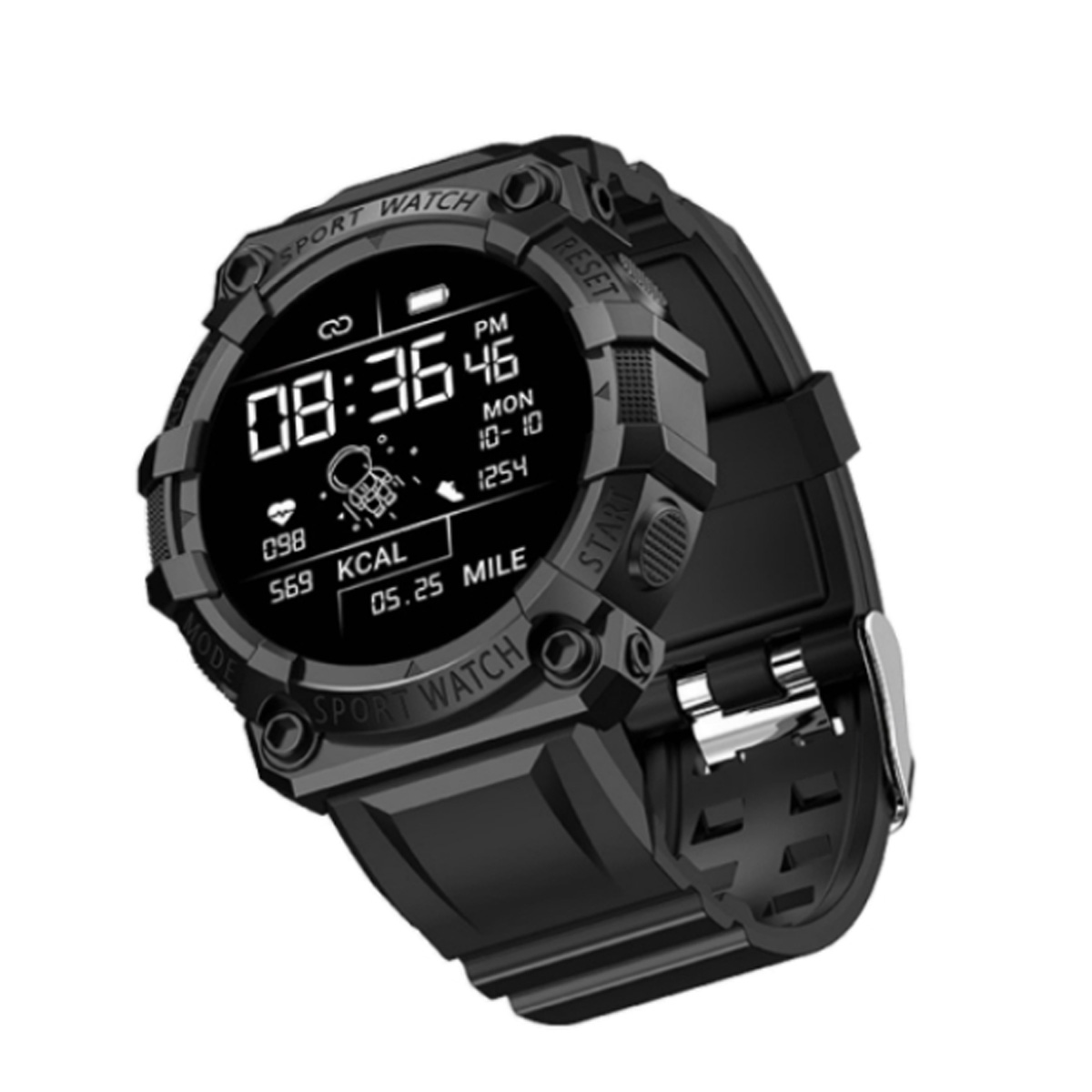 Eine schwarze Smartwatch mit Zeit- und Statistik-Anzeige.