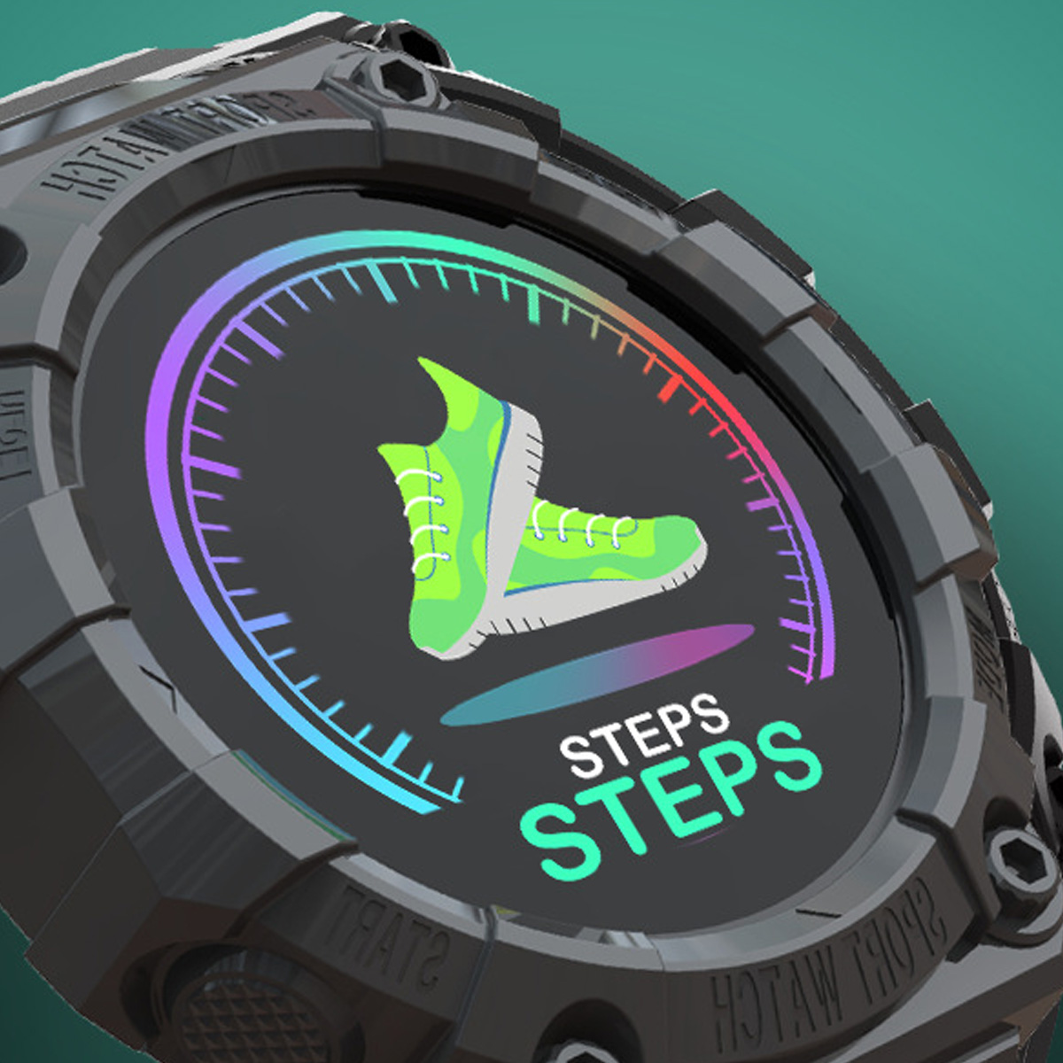 Nahaufnahme eines Smartwatch-Bildschirms mit Schuhen und dem Wort 'STEPS'.