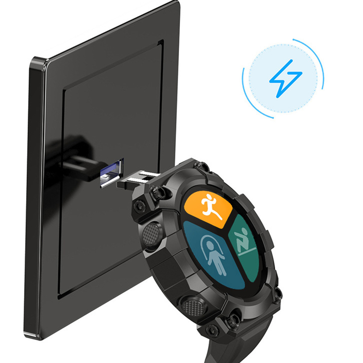 Eine Smartwatch, die auf einer schwarzen Oberfläche geladen wird, mit Aktivitätssymbolen.