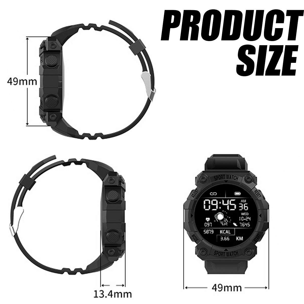 Schwarze Smartwatch mit Abmessungen: 49 mm, 13,4 mm. Display zeigt Zeit, Statistiken.