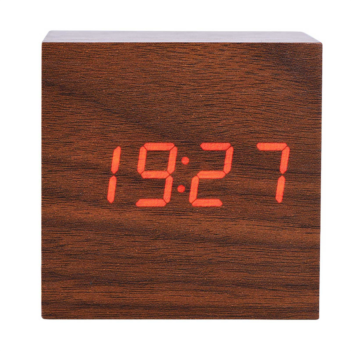 Digitaluhr in Holzoptik mit roten Ziffern 19:27 auf weißem Hintergrund.