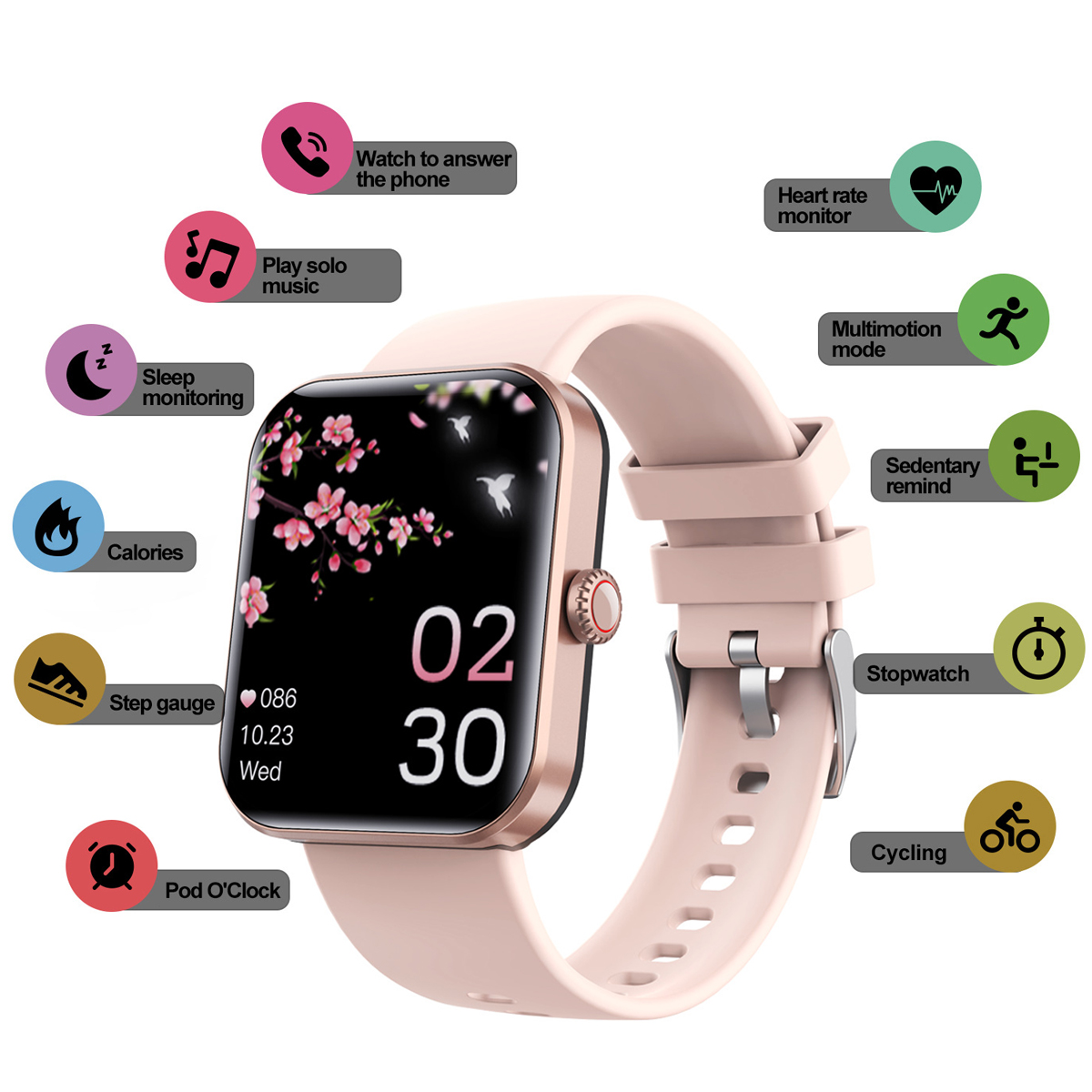 Eine pinke Smartwatch zeigt Zeit, Datum und Gesundheitsmetriken wie Herzfrequenz und Schritte an.