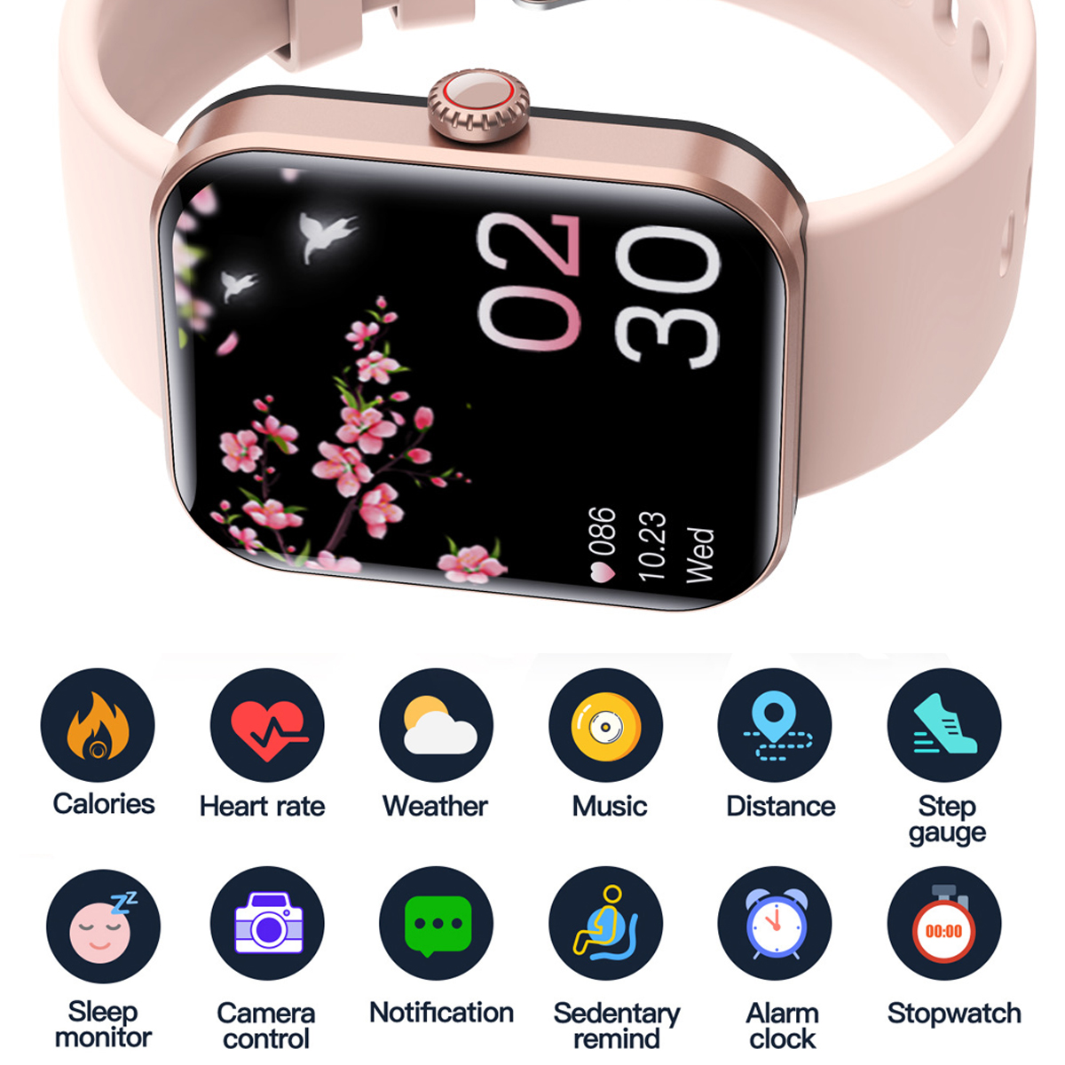 Smartwatch mit rosa Armband, zeigt Zeit und Symbole für Gesundheit, Musik und Wetter.