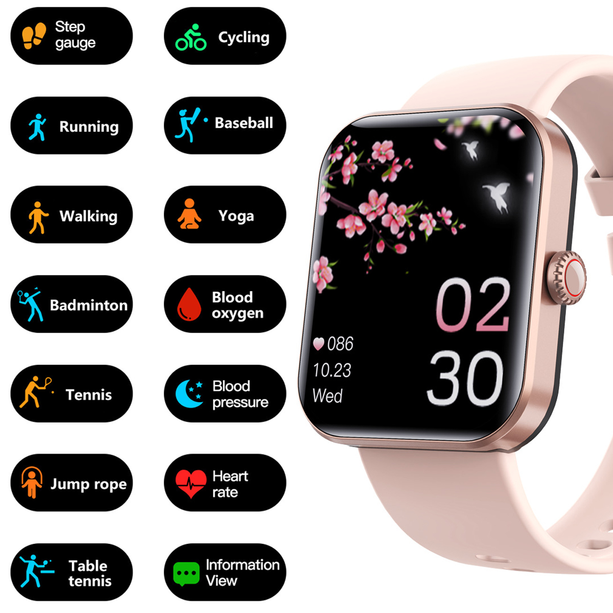 Eine rosa Smartwatch mit einem schwarzen Bildschirm, der Zeit und Trainingssymbole anzeigt. Die Uhr hat ein hellrosa Armband.