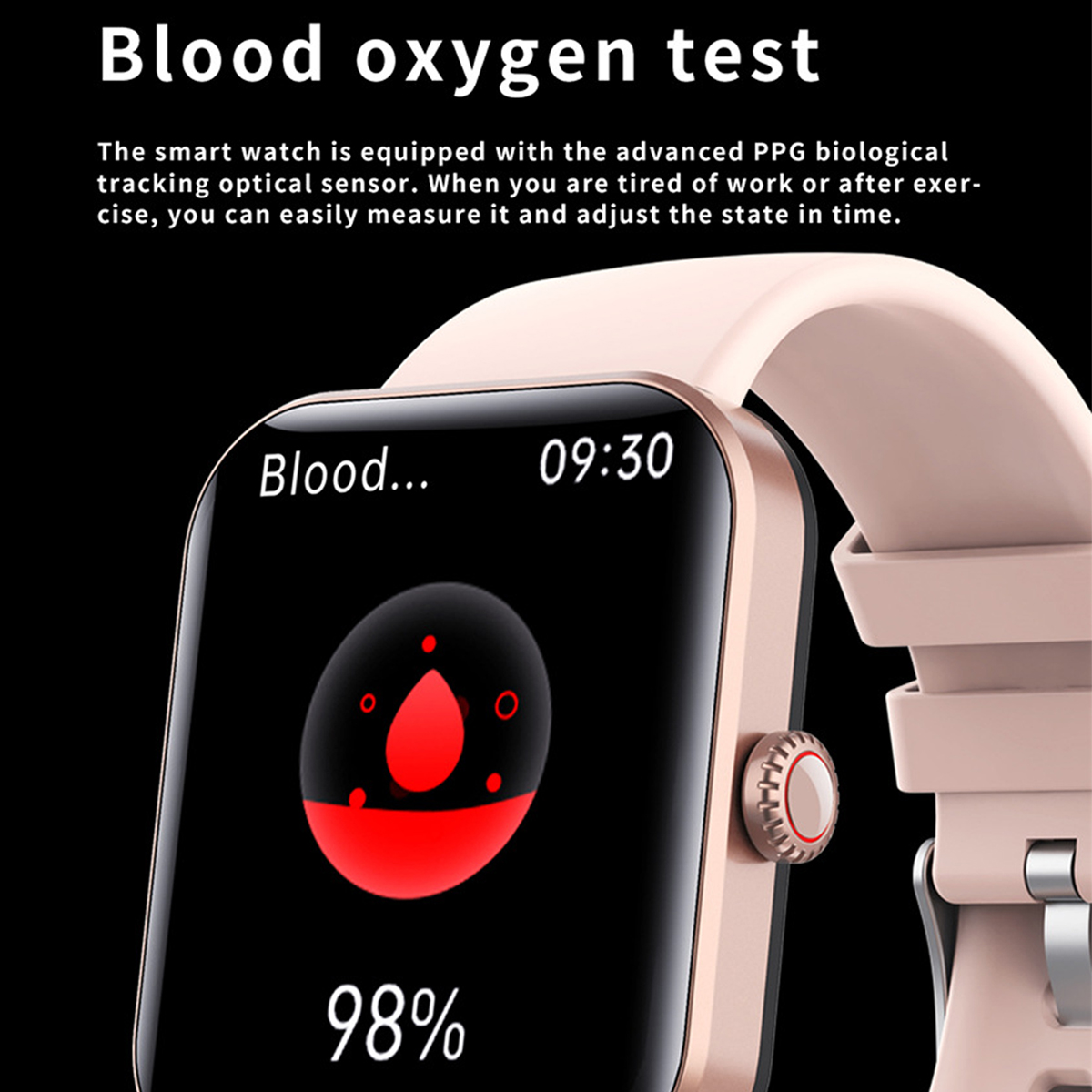 Eine Smartwatch zeigt Blutsauerstoff bei 98%, Nahaufnahme.