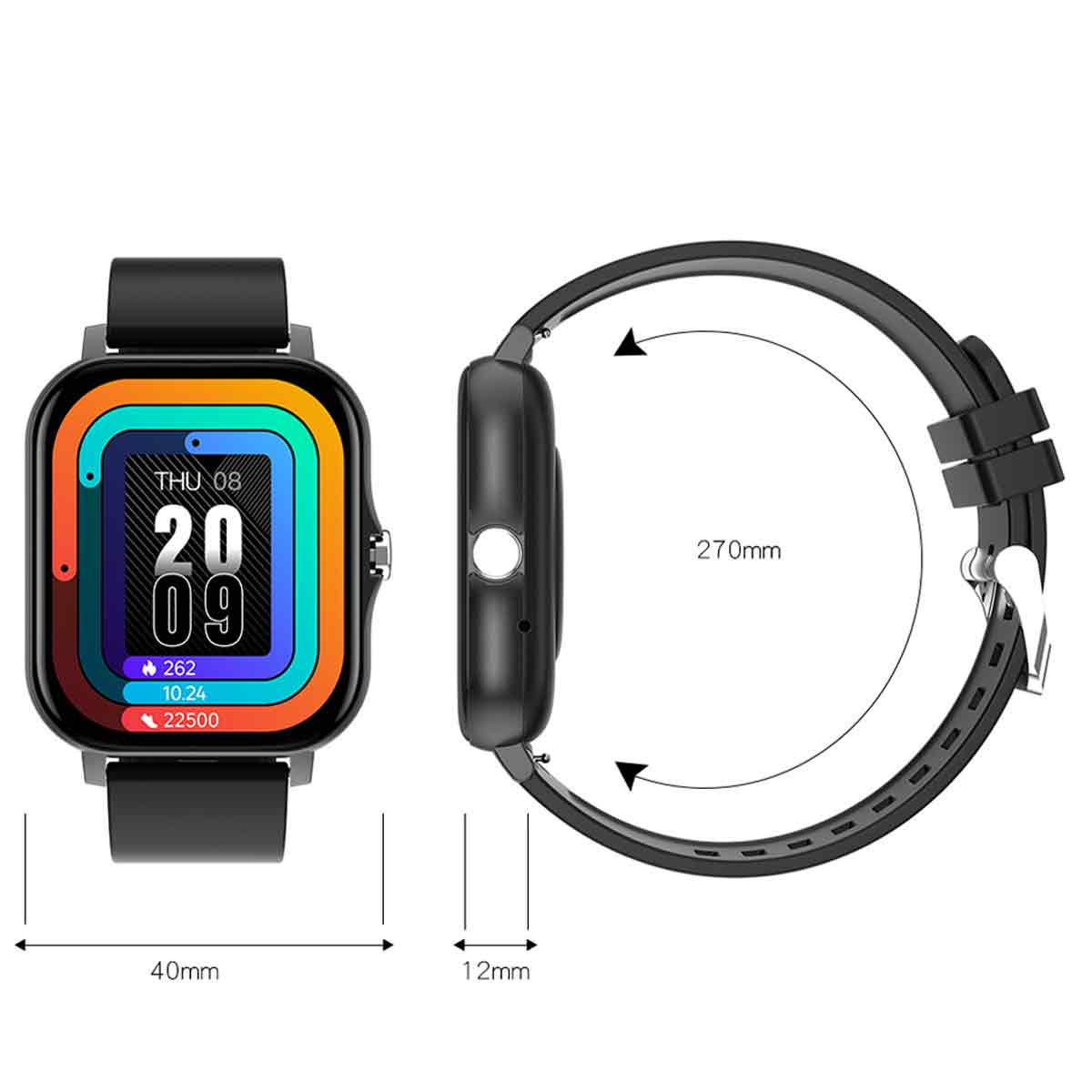 Smartwatch mit schwarzem Band; der Bildschirm zeigt Zeit und Gesundheitsdaten. Abmessungen werden angezeigt.