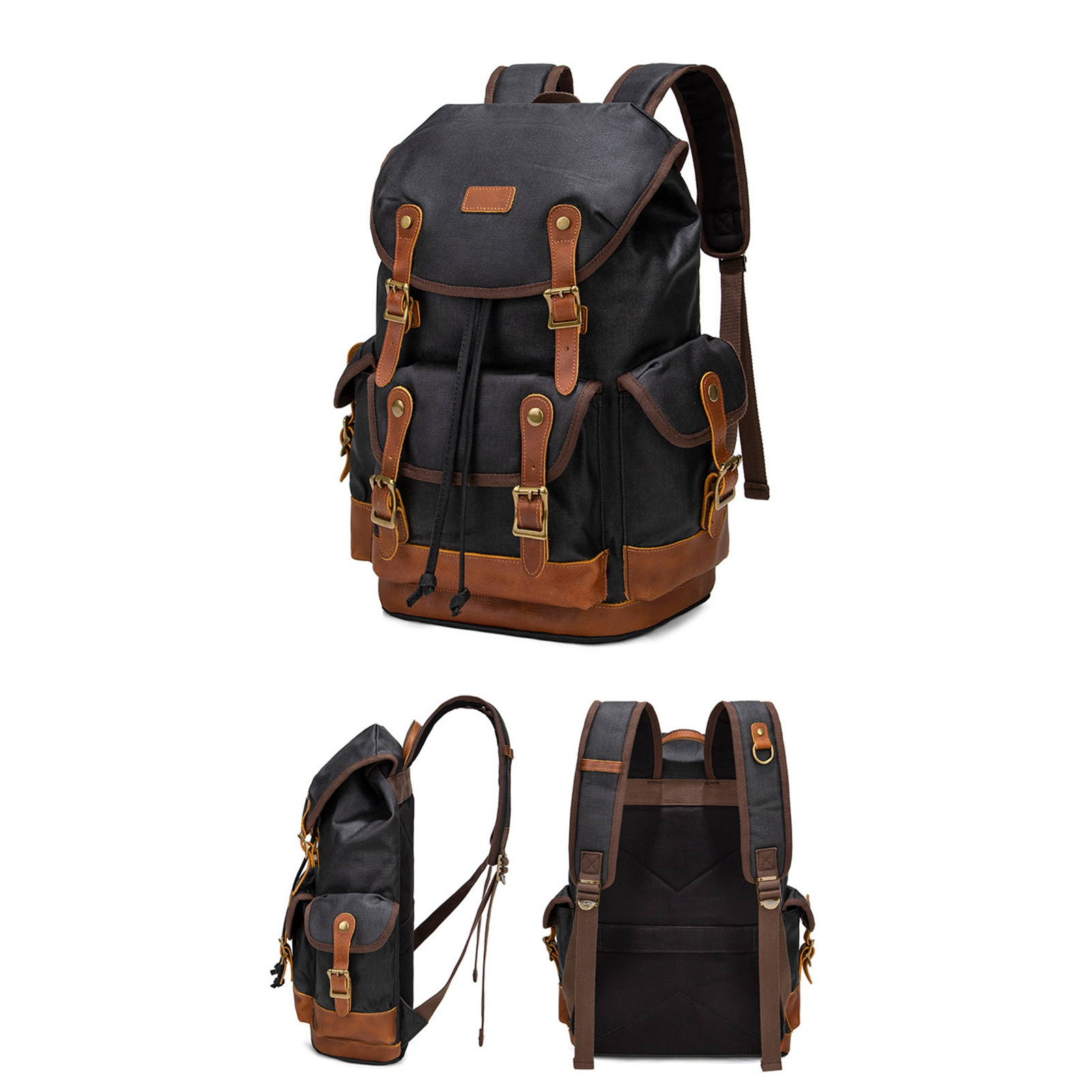 Schwarzer und brauner Rucksack mit mehreren Taschen und Riemen. Weißer Hintergrund.