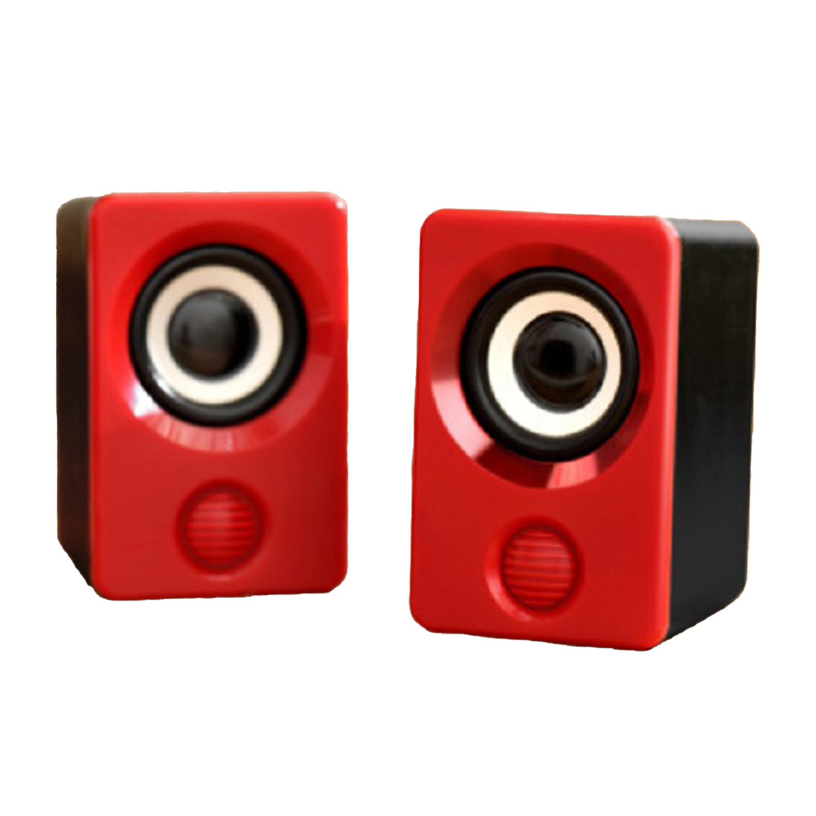 Zwei rote und schwarze Computerlautsprecher auf weißem Hintergrund. Jeder hat einen Lautsprecher und ein kleines rotes Design.