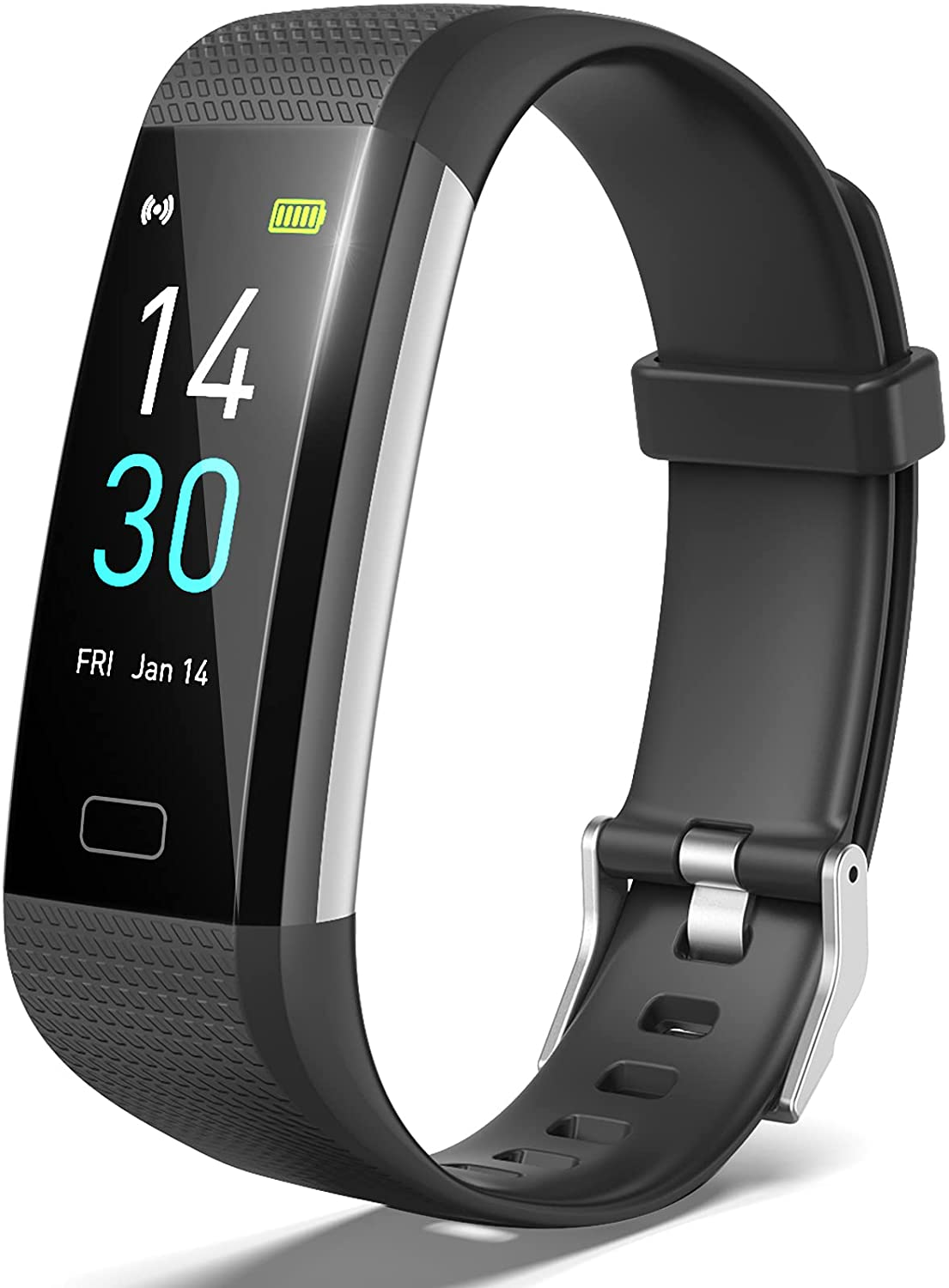 Eine schwarze Fitness-Tracker-Uhr. Sie zeigt Zeit, Datum und Akkulaufzeit auf dem Bildschirm an.