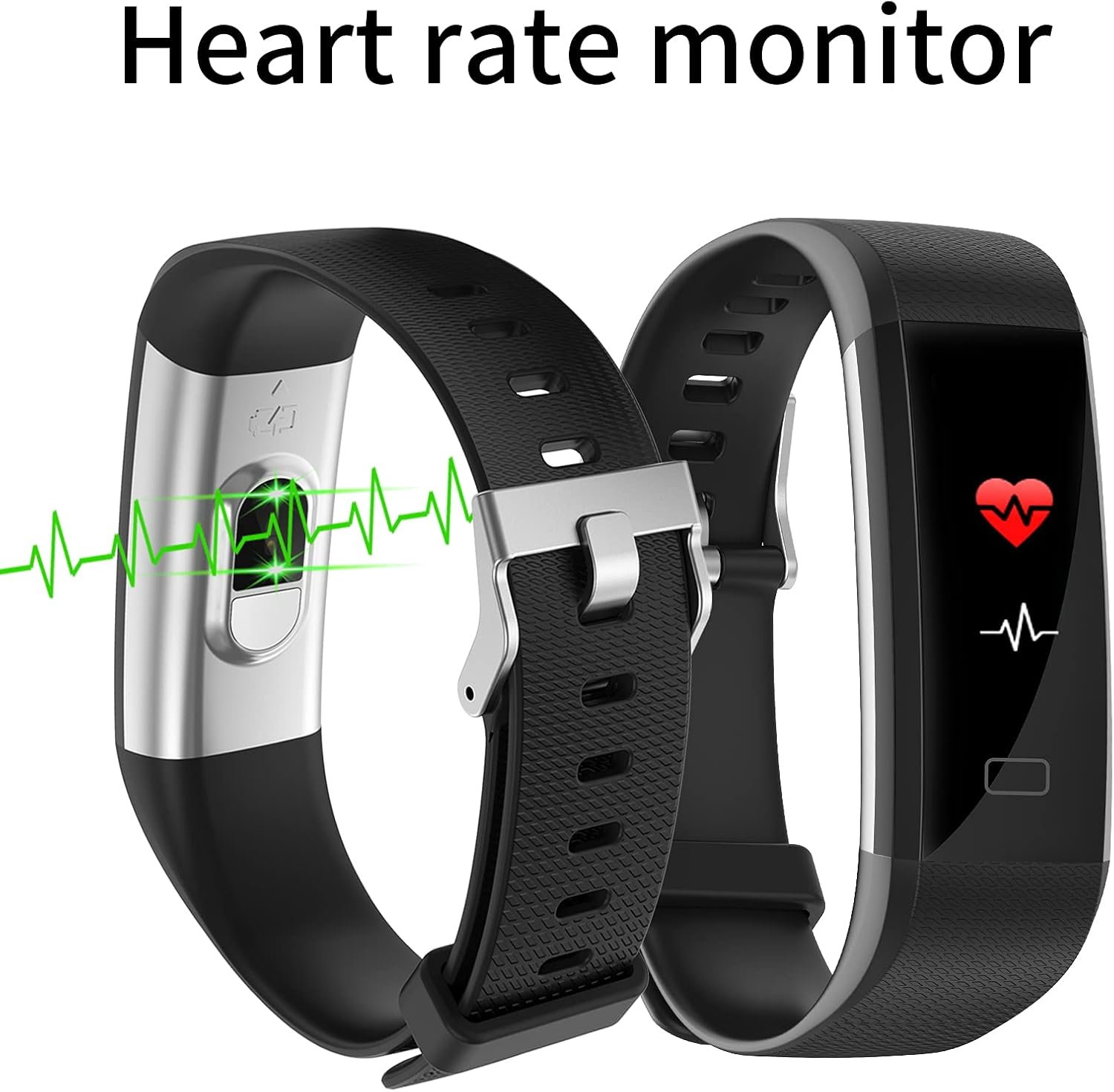 Zwei schwarze Smartwatches mit Herzfrequenzmessgeräten. Eine zeigt ein grünes Herzfrequenzdiagramm.