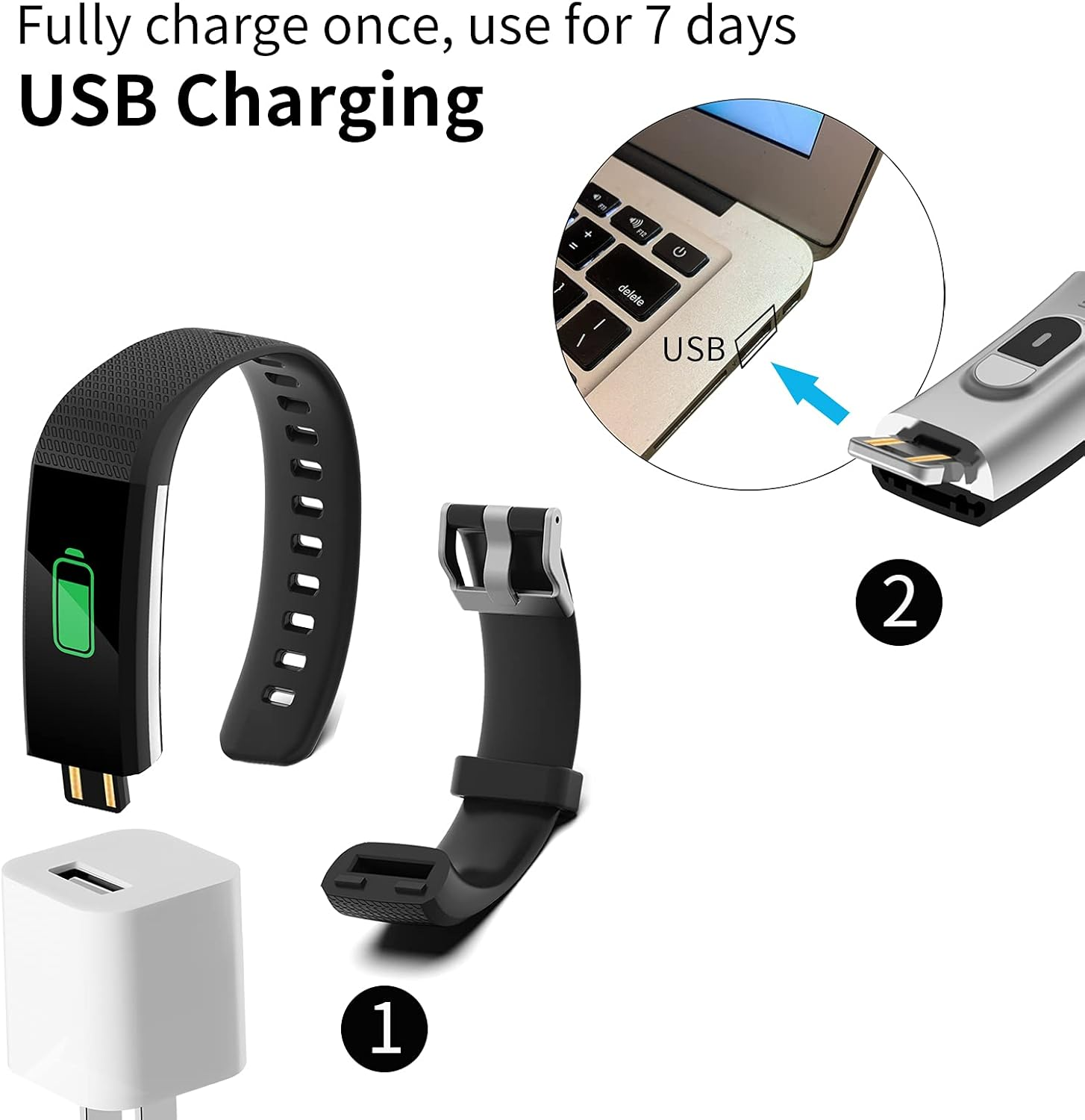 Ein Fitnesstracker, USB-Ladegerät und ein Laptop mit USB-Anschluss.
