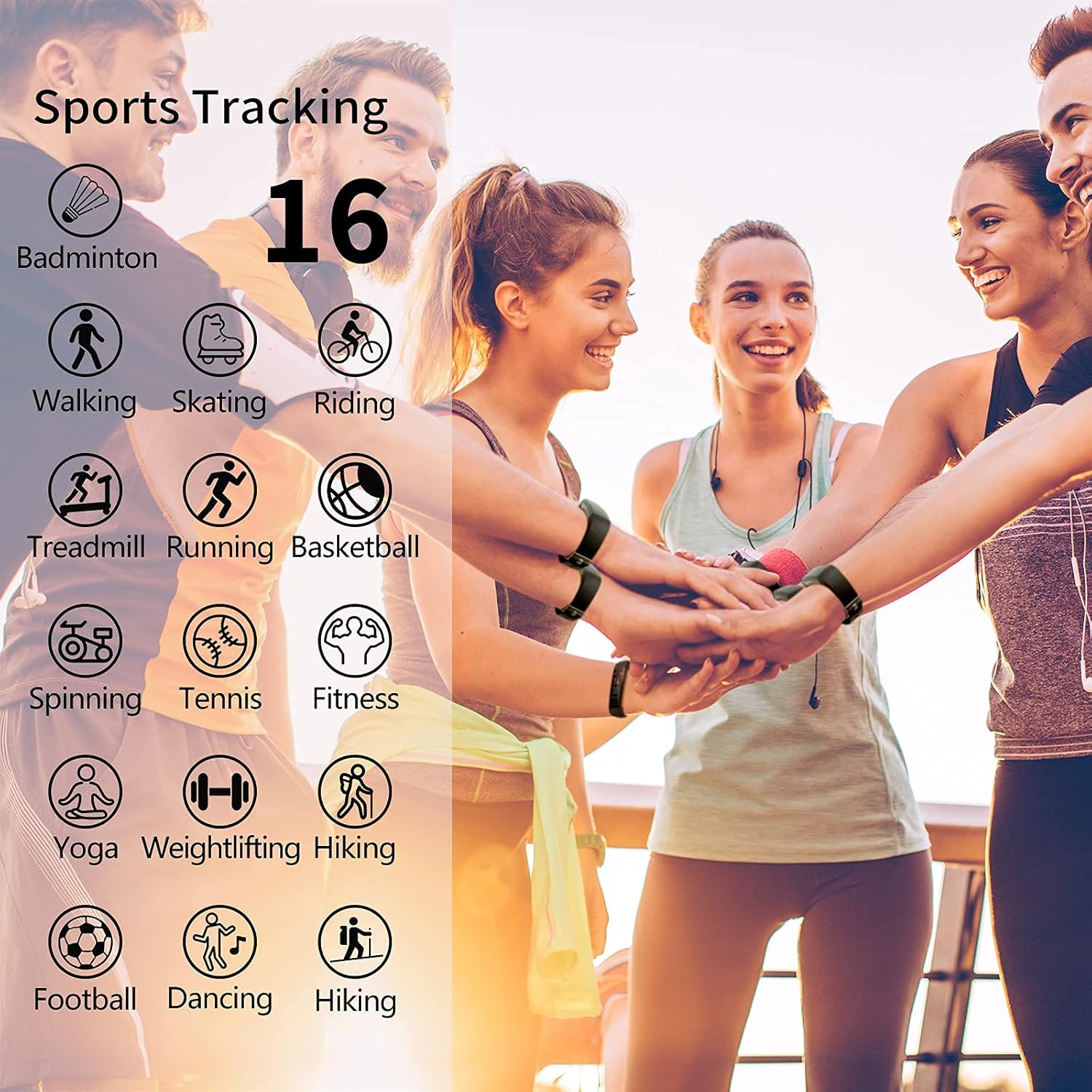 Gruppe von Menschen, die Sport-Tracking-Symbole zeigen. 16 Symbole sind sichtbar. Menschen verschiedener ethnischer Herkunft.