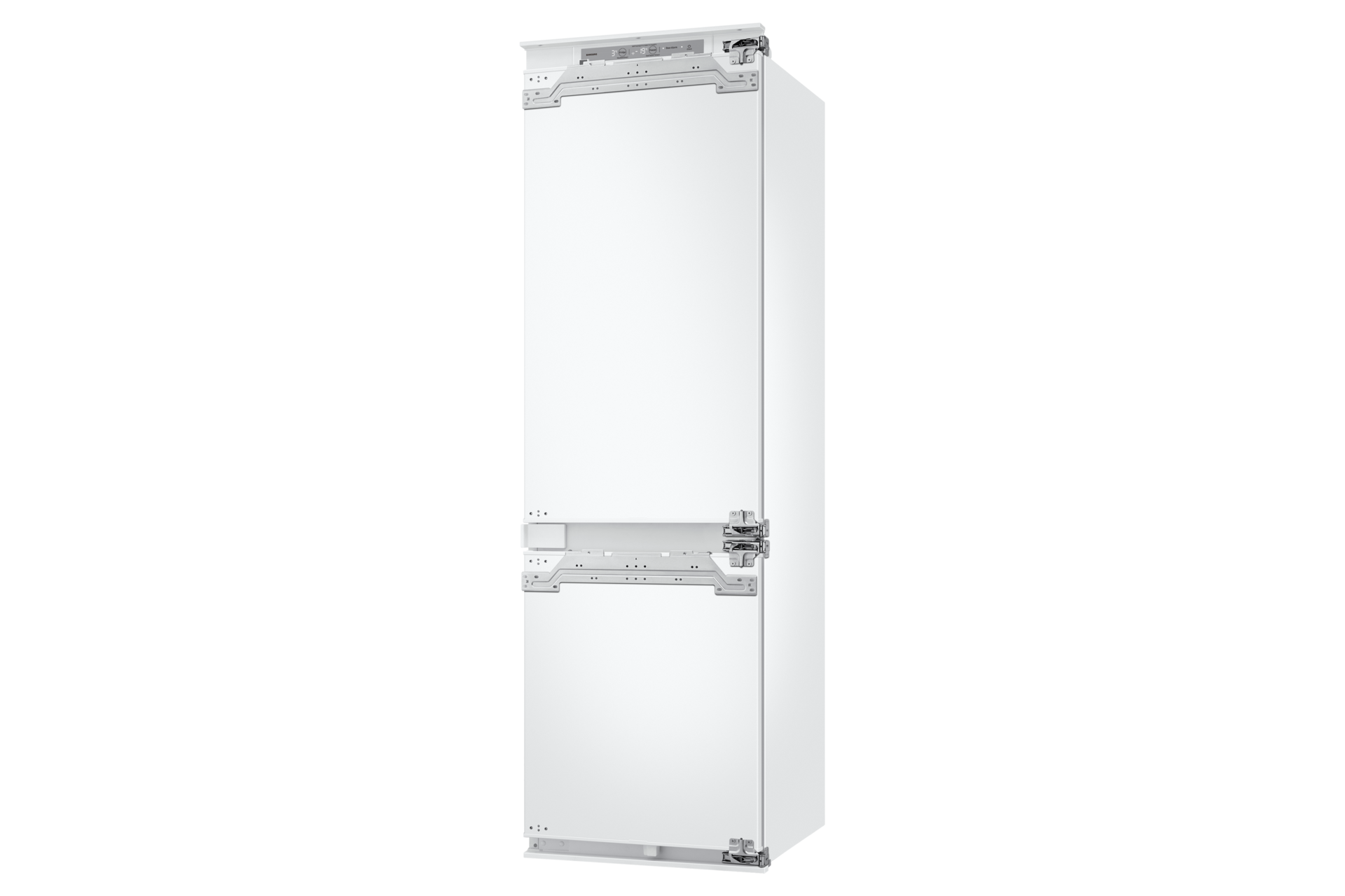 Un réfrigérateur blanc à deux portes, sur fond noir.