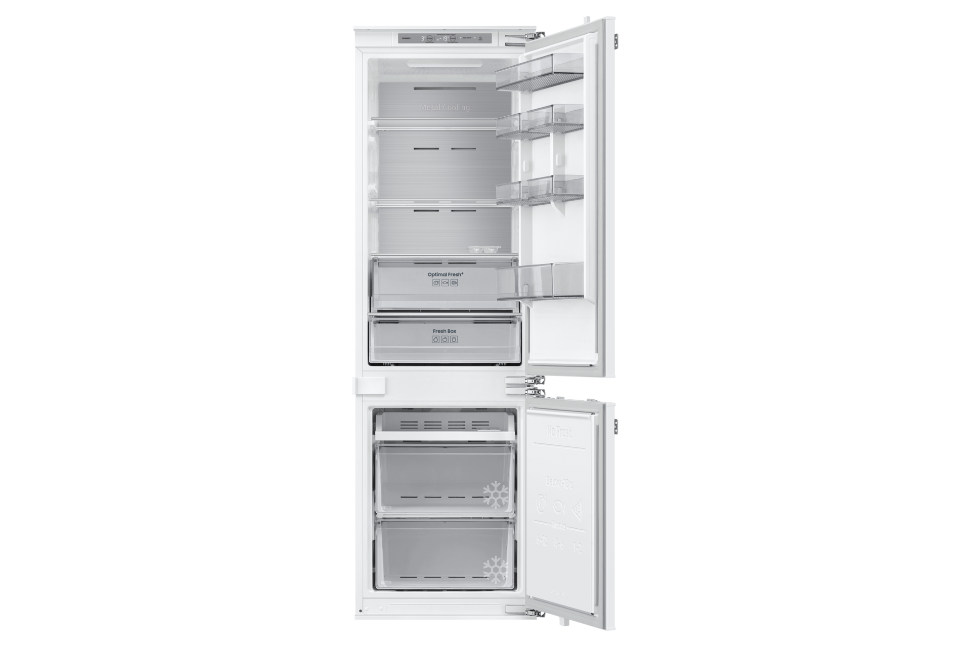 Réfrigérateur blanc avec portes ouvertes. À l'intérieur, il y a des étagères et des tiroirs.
