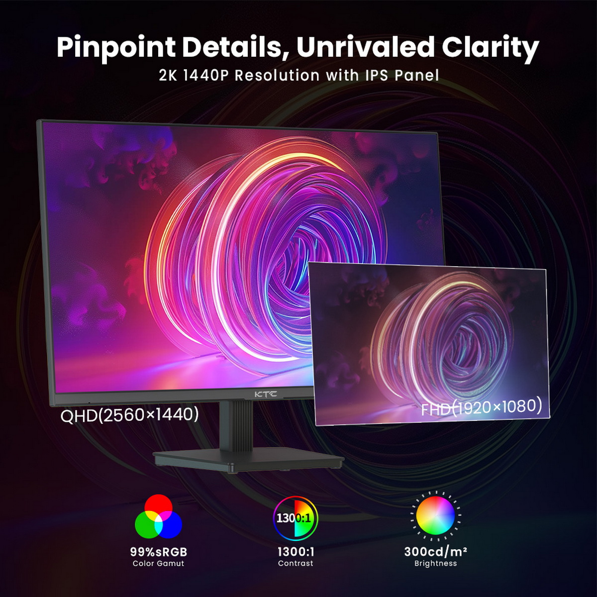 Dwa monitory komputerowe z wyświetlaną gamą kolorów i współczynnikiem kontrastu. Monitory znajdują się na ciemnej powierzchni.