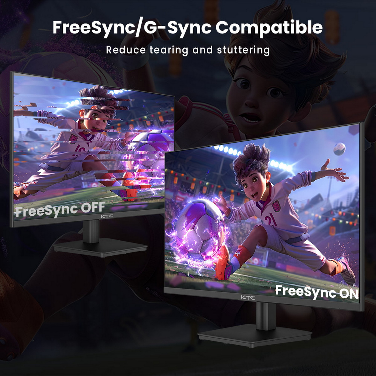 Dwa monitory komputerowe pokazujące piłkarza, jeden z wyłączonym FreeSync, drugi włączonym.