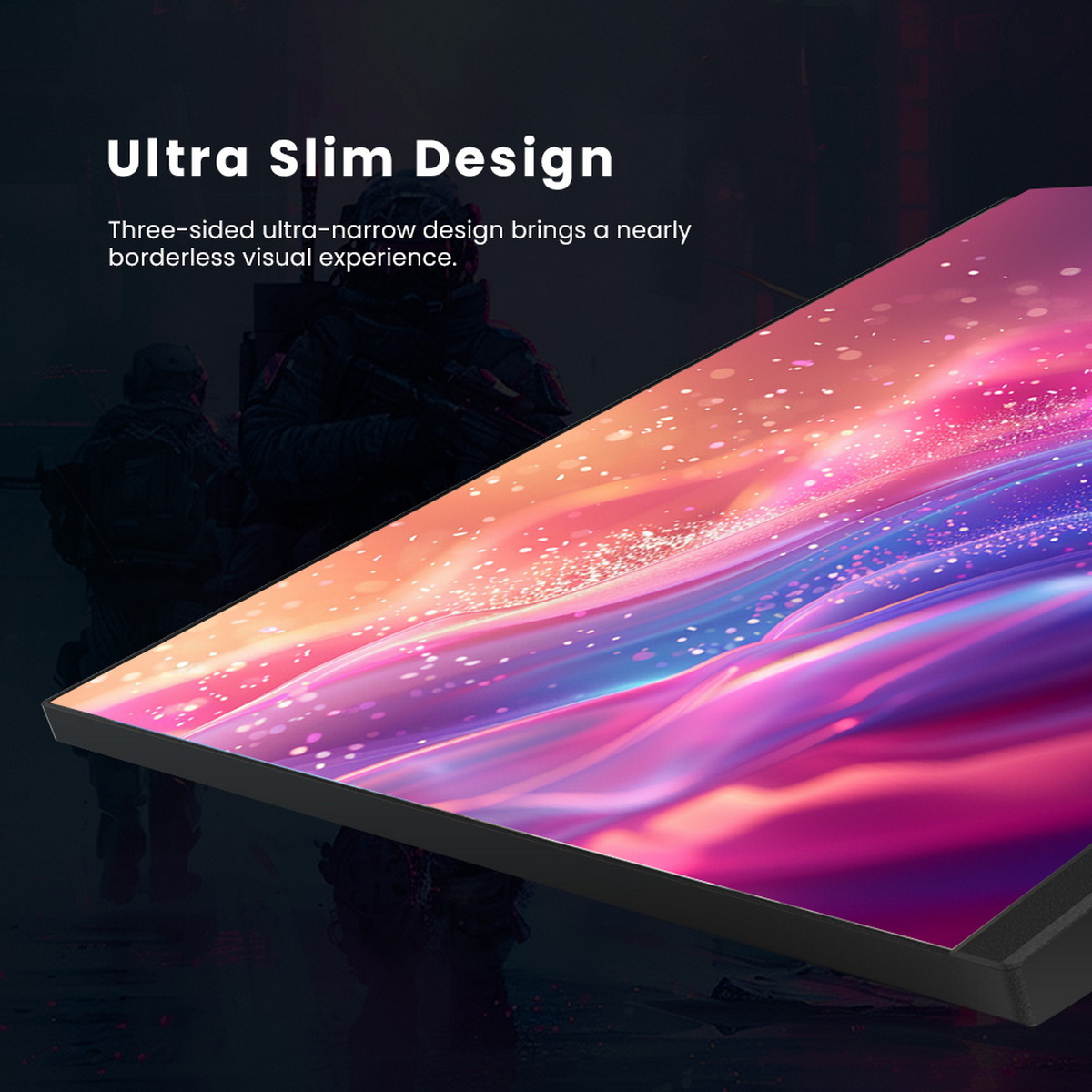 Ein Monitor mit schlankem Design, mit einer Person im Hintergrund.