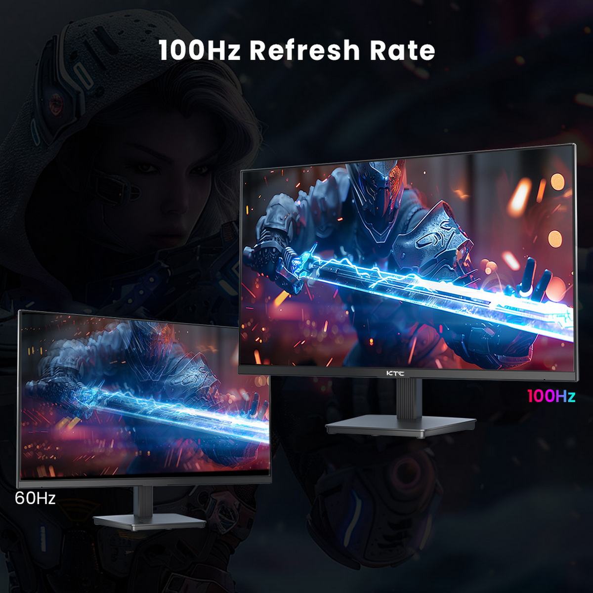 Dwa monitory komputerowe wyświetlające różne częstotliwości odświeżania: 60Hz i 100Hz. Obraz służy do porównania.