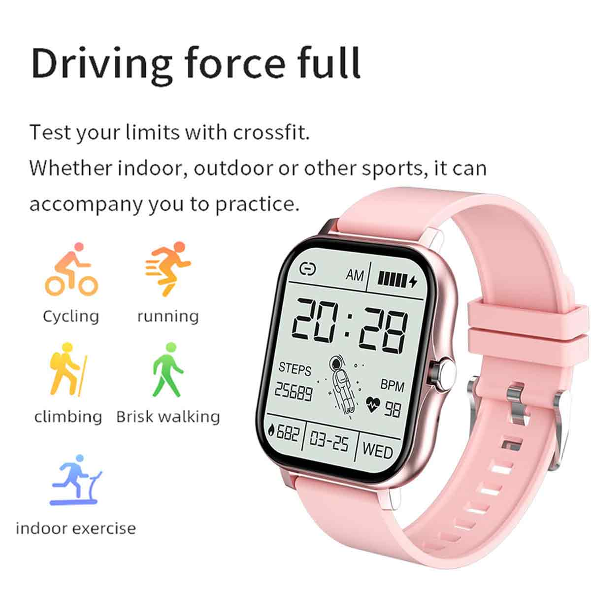 Rosa Smartwatch mit rosa Armband, zeigt Zeit und Aktivitätsmetriken, mit Aktivitätssymbolen.