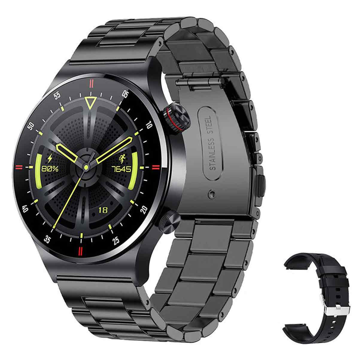 Schwarze Smartwatch mit Metallarmband. Das Display zeigt eine Digitaluhr. Das Band ist Edelstahl.