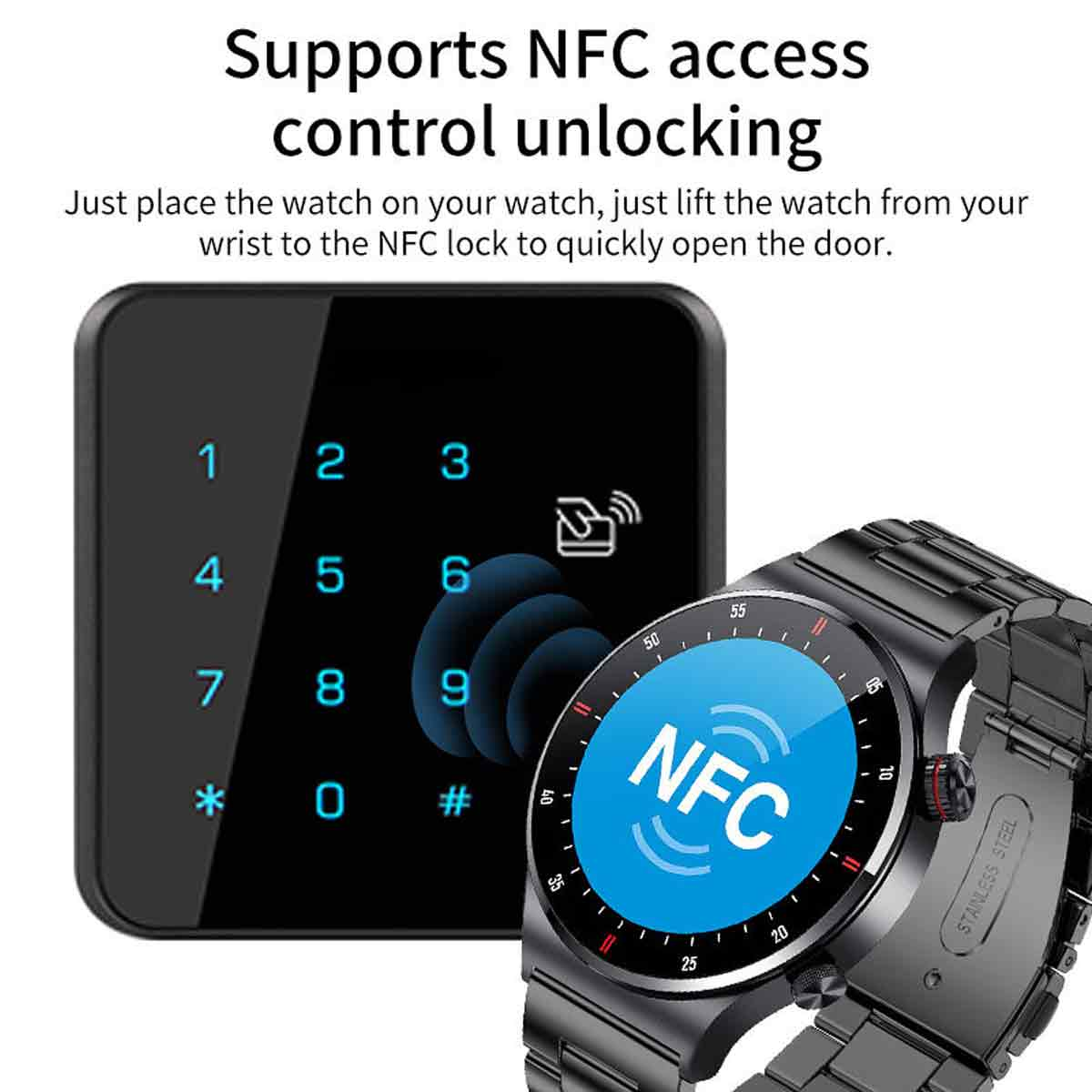 Smartwatch zeigt NFC-Oberfläche, mit einem Tastenfeld links.