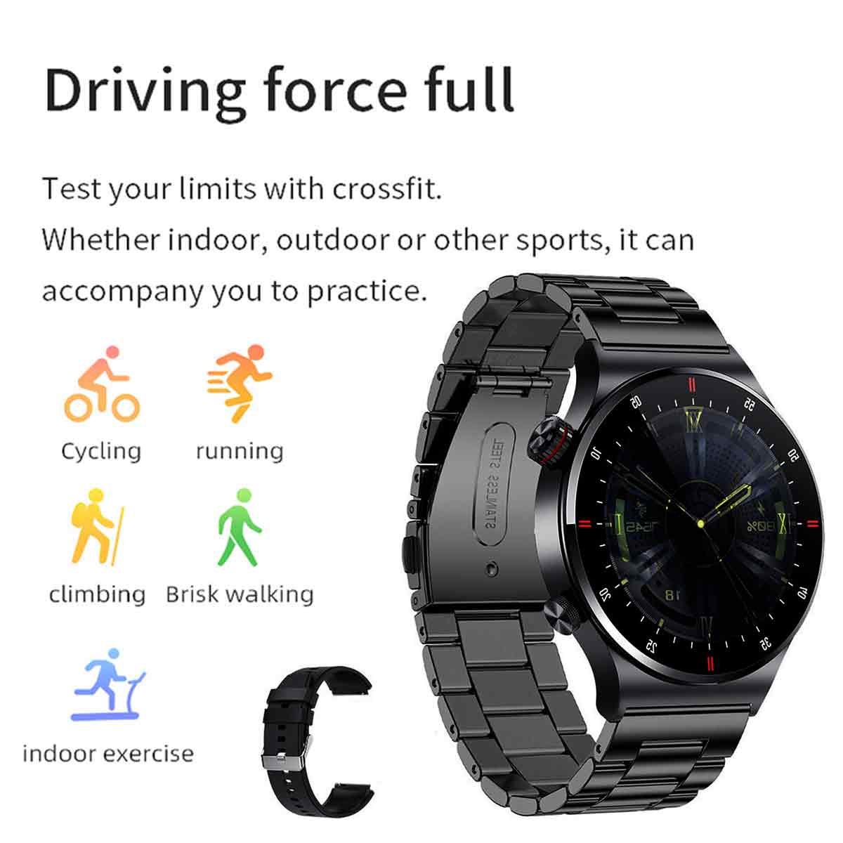 Eine schwarze Smartwatch mit schwarzem Armband und Sportaktivitätssymbolen, darunter Radfahren und Laufen.