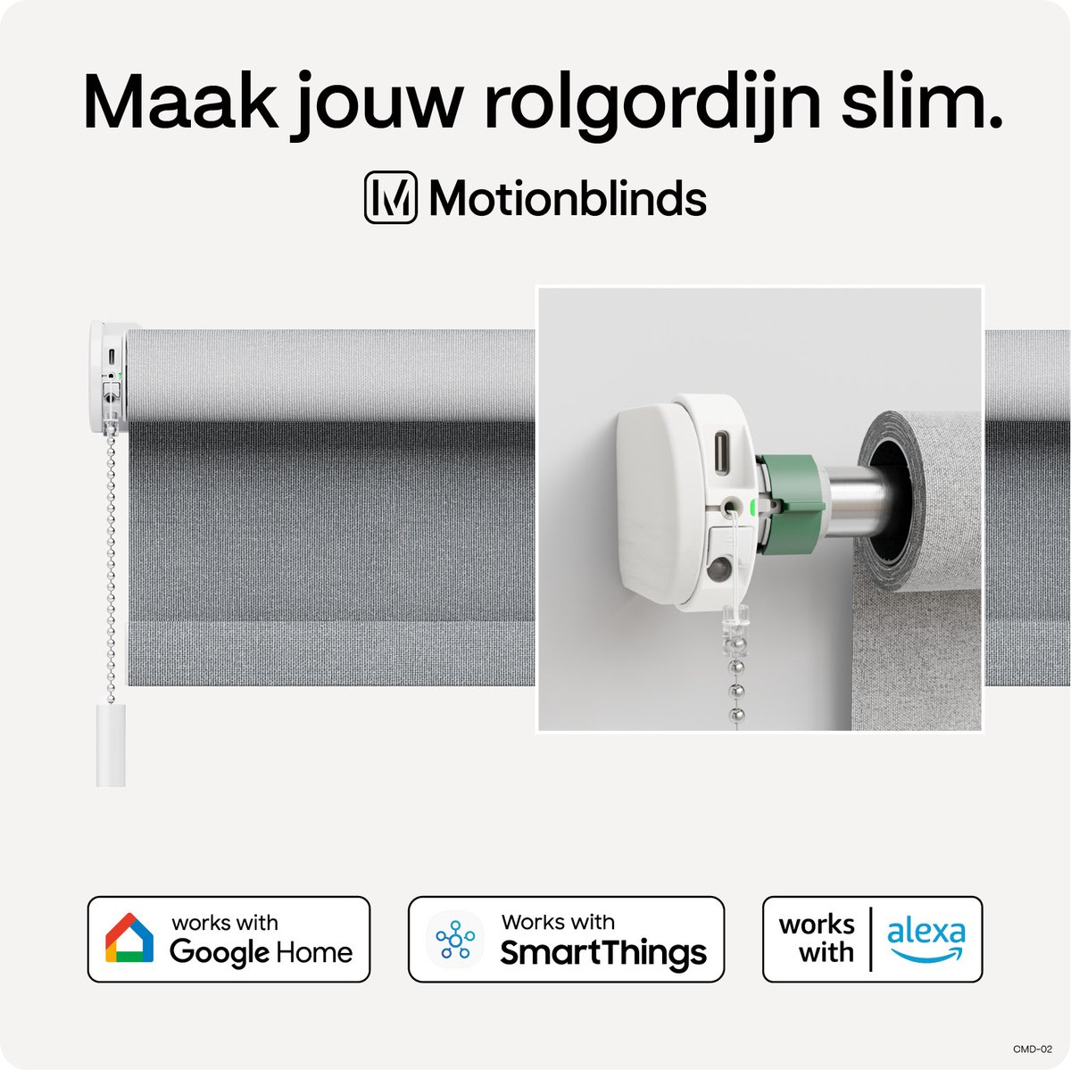 Smart blinds. A gray blind and a white control unit with Google Home, SmartThings, and Alexa logos.