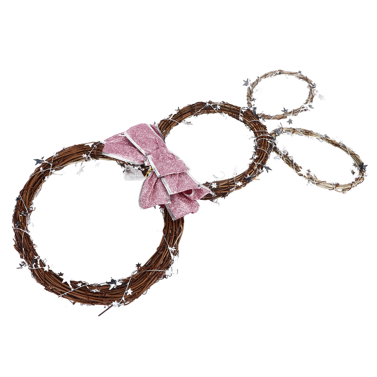 Drei verbundene braune Kränze mit silbernen Sternen und einer rosa Glitzer-Schleife.