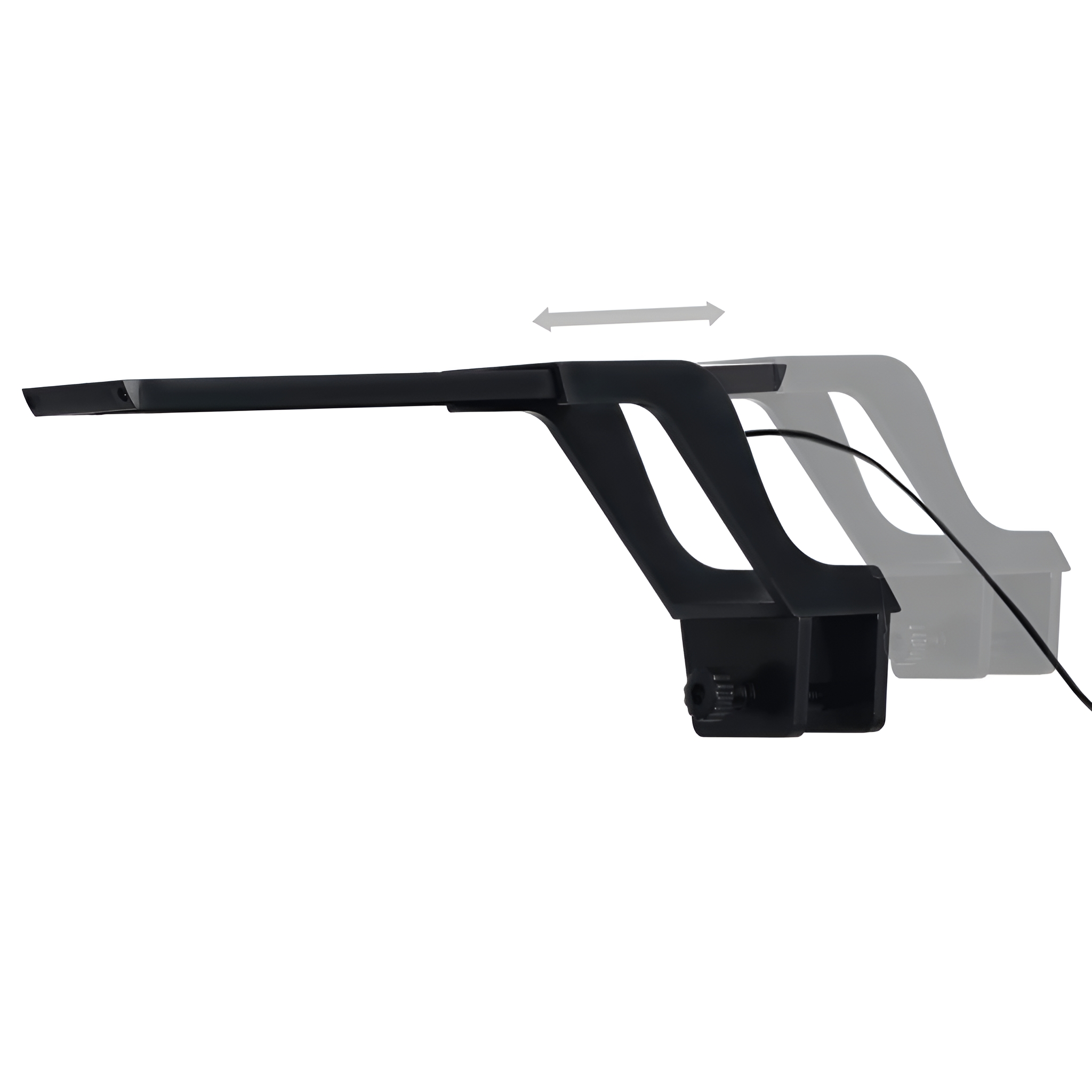 Schwarze Schreibtischlampe mit verstellbarem Arm, auf weißem Hintergrund. Eine Geisterversion zeigt die Bewegung.